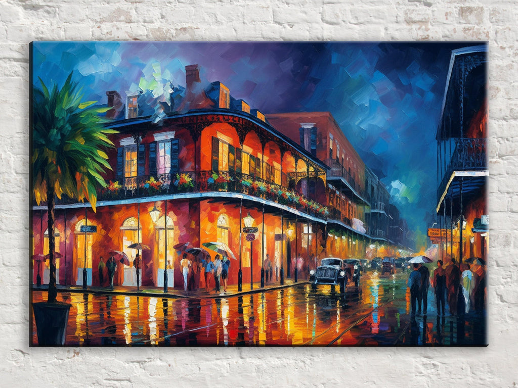 The image is a vibrant painting depicting a lively street scene in New Orleans, Louisiana, with colorful buildings, people walking, and cars driving down the wet street.