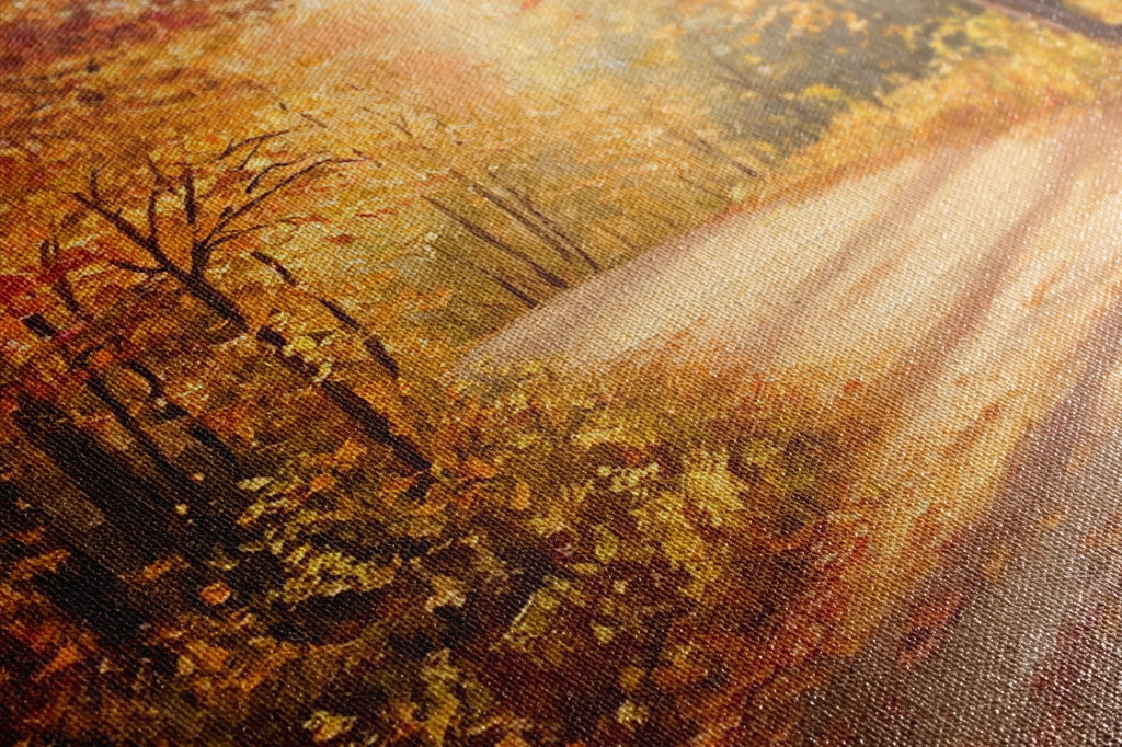 The image is a close-up of a painting depicting a forest scene with autumn foliage.