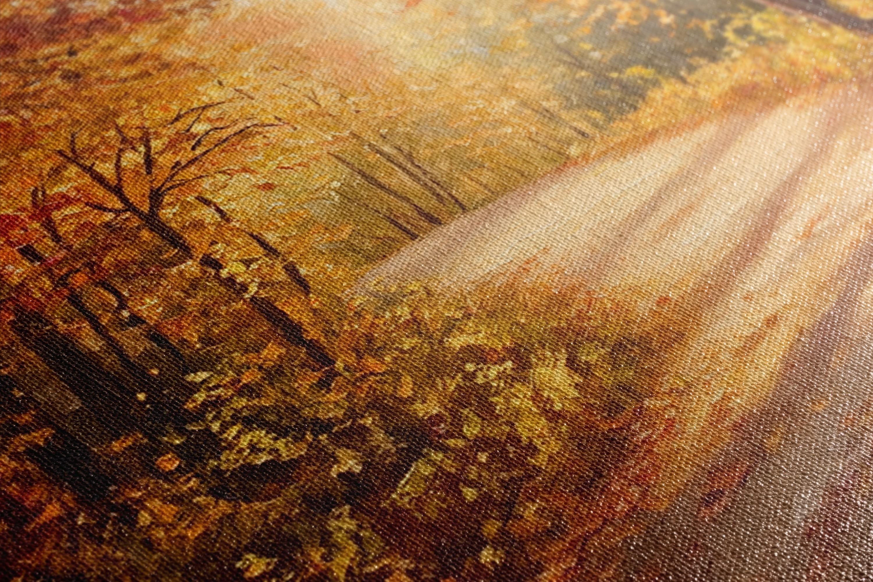 The image is a close-up of a painting depicting a forest scene with autumn foliage.