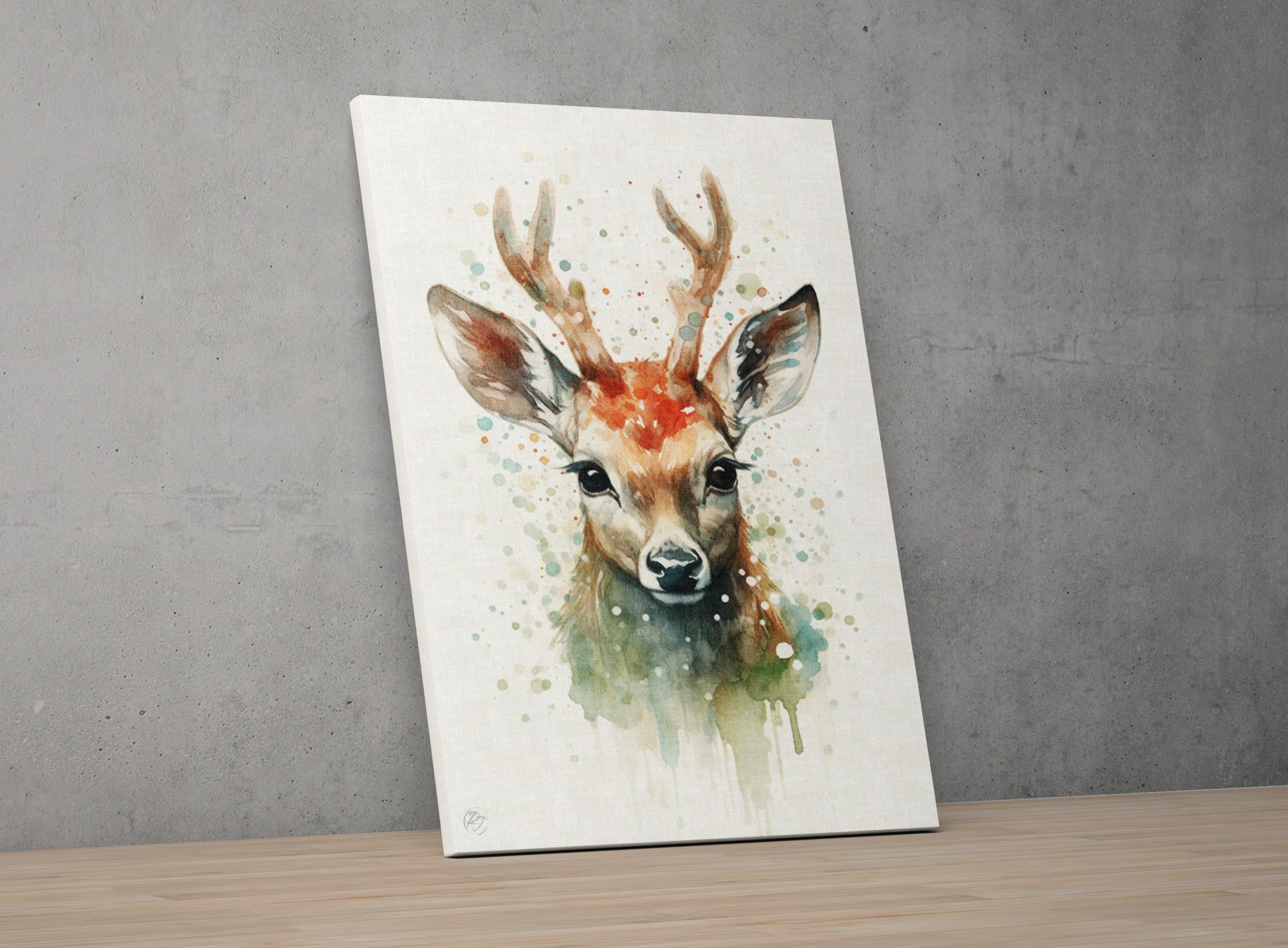 Adorable Baby Reindeer Watercolor - Charming Holiday Decor, Print on Canvas, Artist Paper, Watercolor Paper, Available in Extra Large Sizes