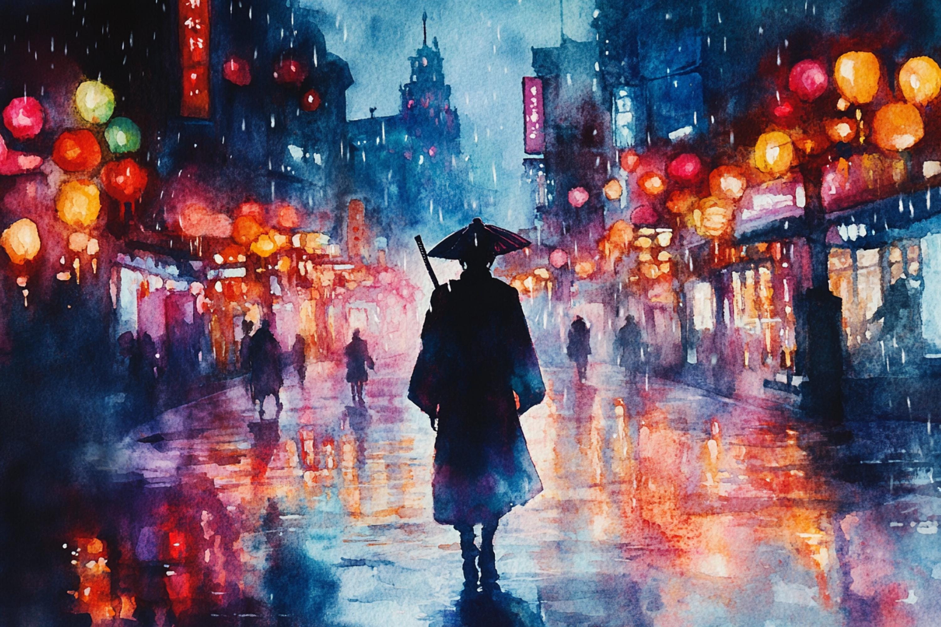A person in a long coat walks down a rainy city street at night, holding an umbrella and surrounded by colorful lights and reflections on the wet pavement.