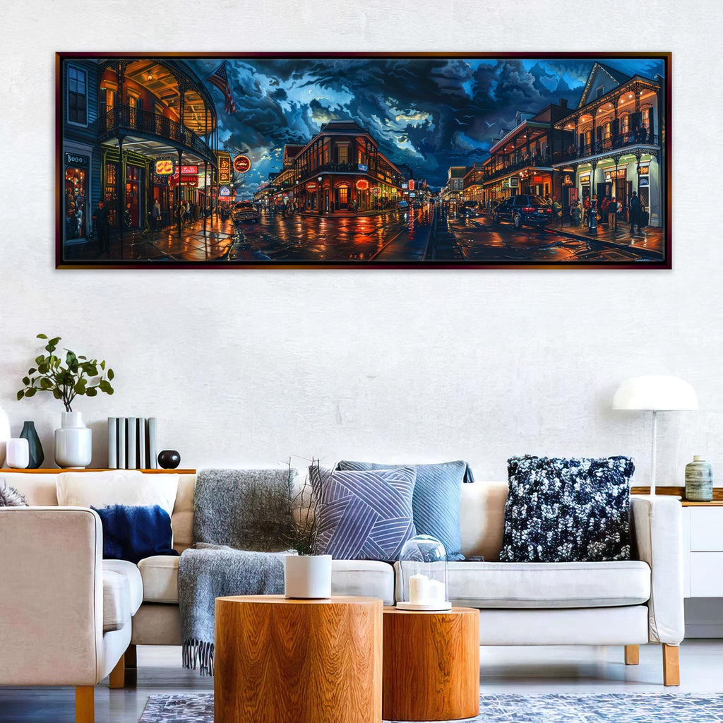 a living room with a couch and a painting on the wall