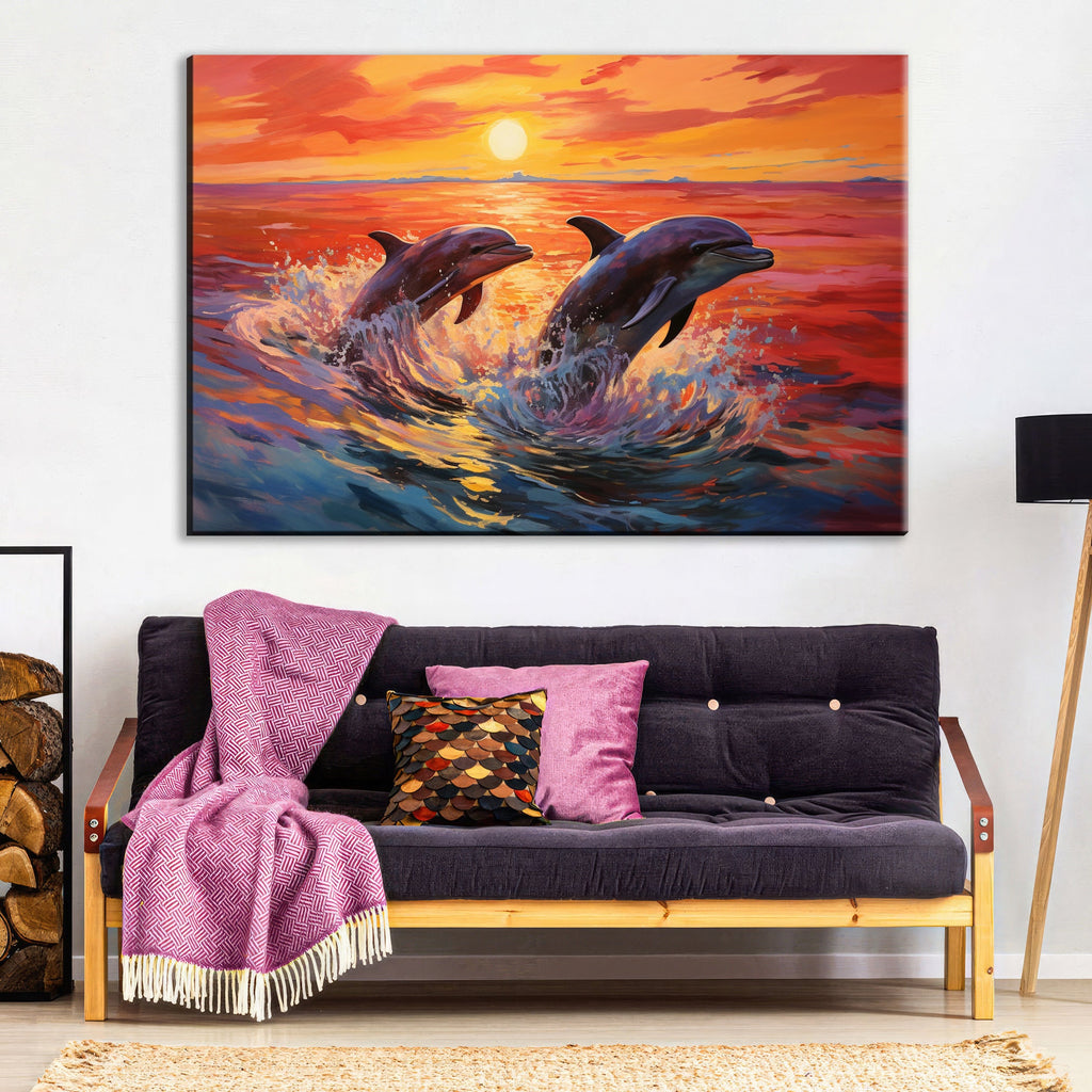 Dolphin Canvas Art – Large Ocean Wall Art | Pair of Dolphins, UV Coated Gallery Print