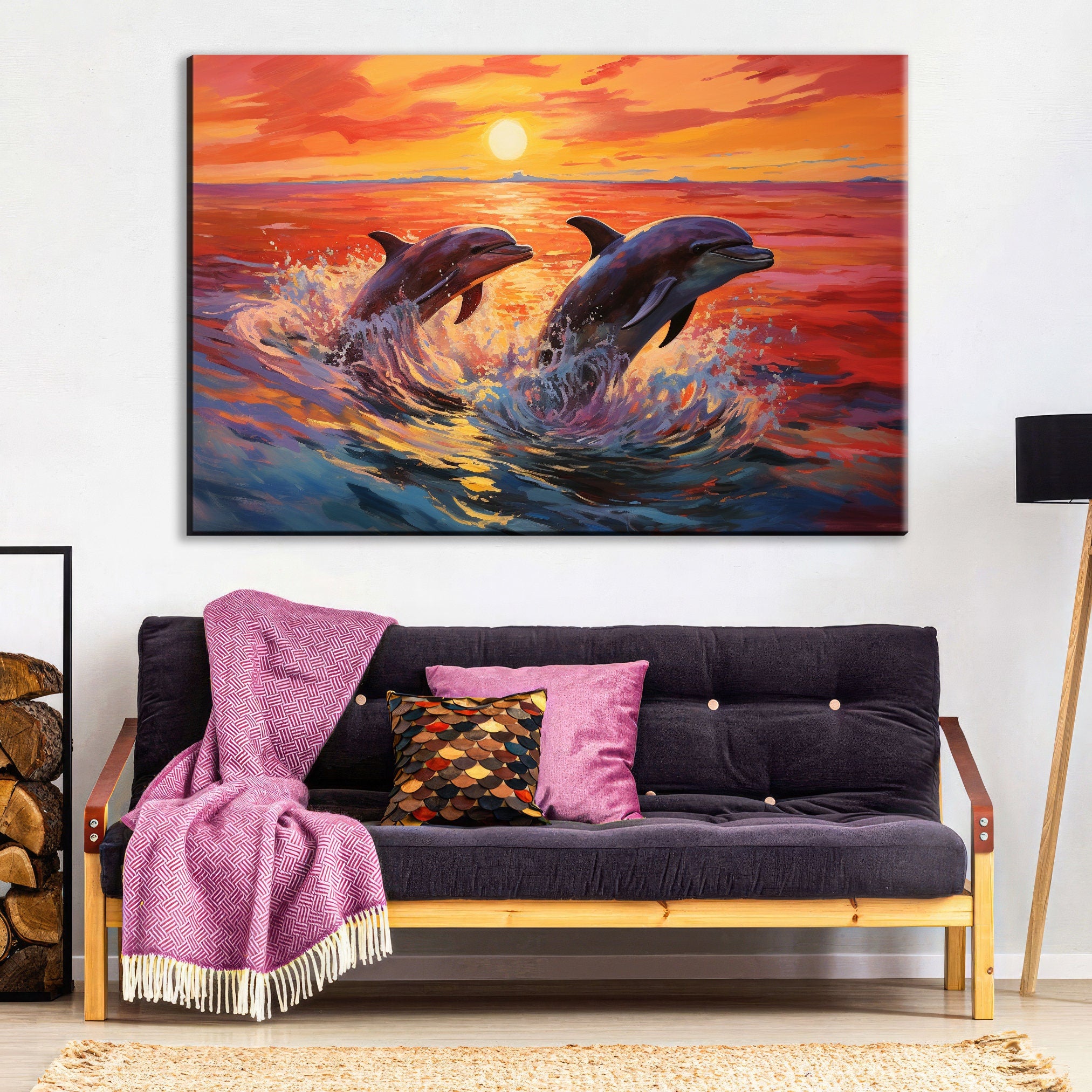 Dolphin Canvas Art – Large Ocean Wall Art | Pair of Dolphins, UV Coated Gallery Print