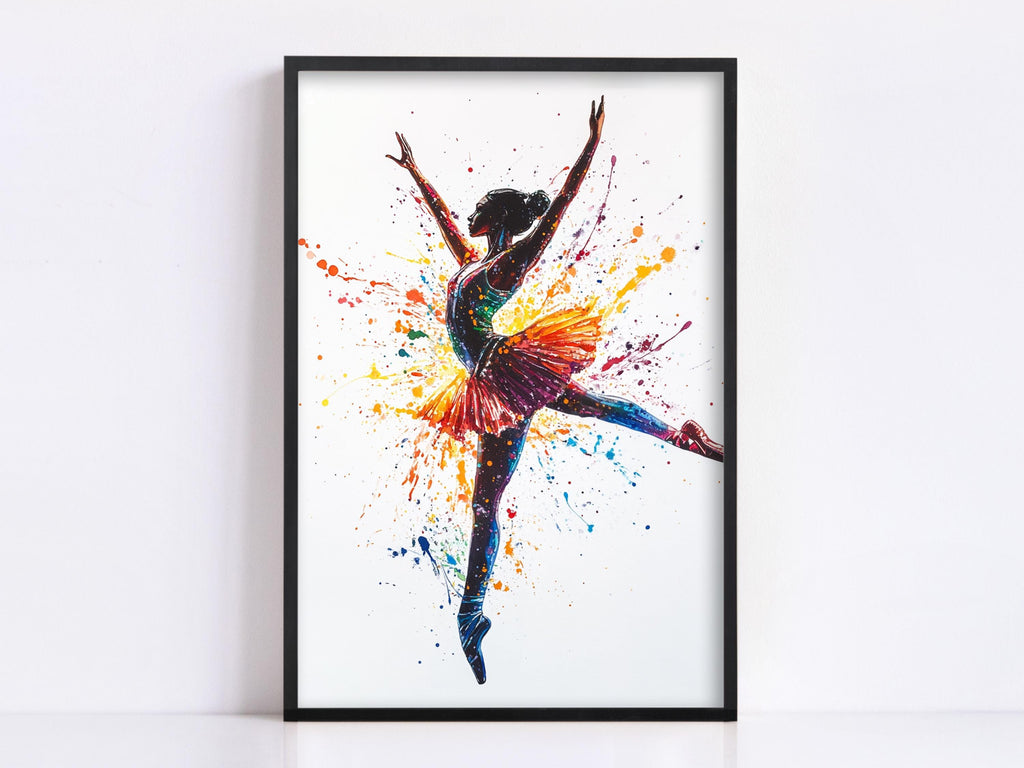 A framed painting depicting a ballerina in a dynamic pose, with her arms raised and surrounded by splashes of color.