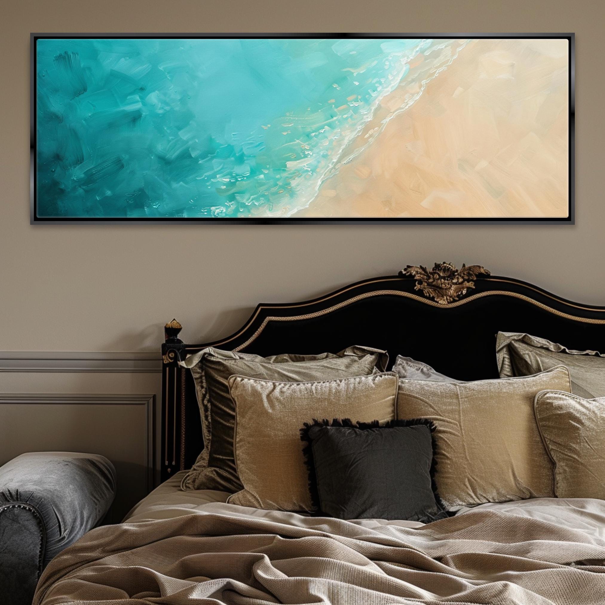 a bed with a large painting on the wall above it