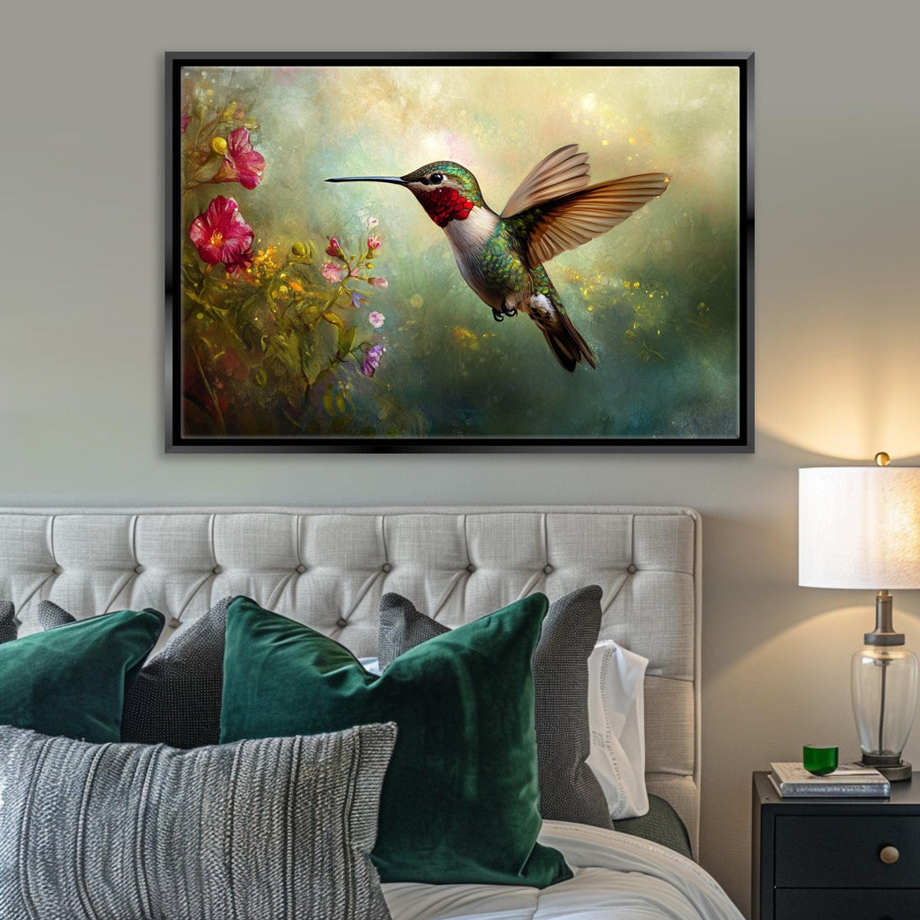 a painting of a hummingbird on a wall above a bed