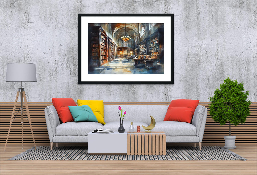 a cozy living room with a gray sofa adorned with colorful pillows, a wooden coffee table, and a framed painting of a library or bookstore. The painting is hung on a gray wall above the sofa, creating a warm and inviting atmosphere.