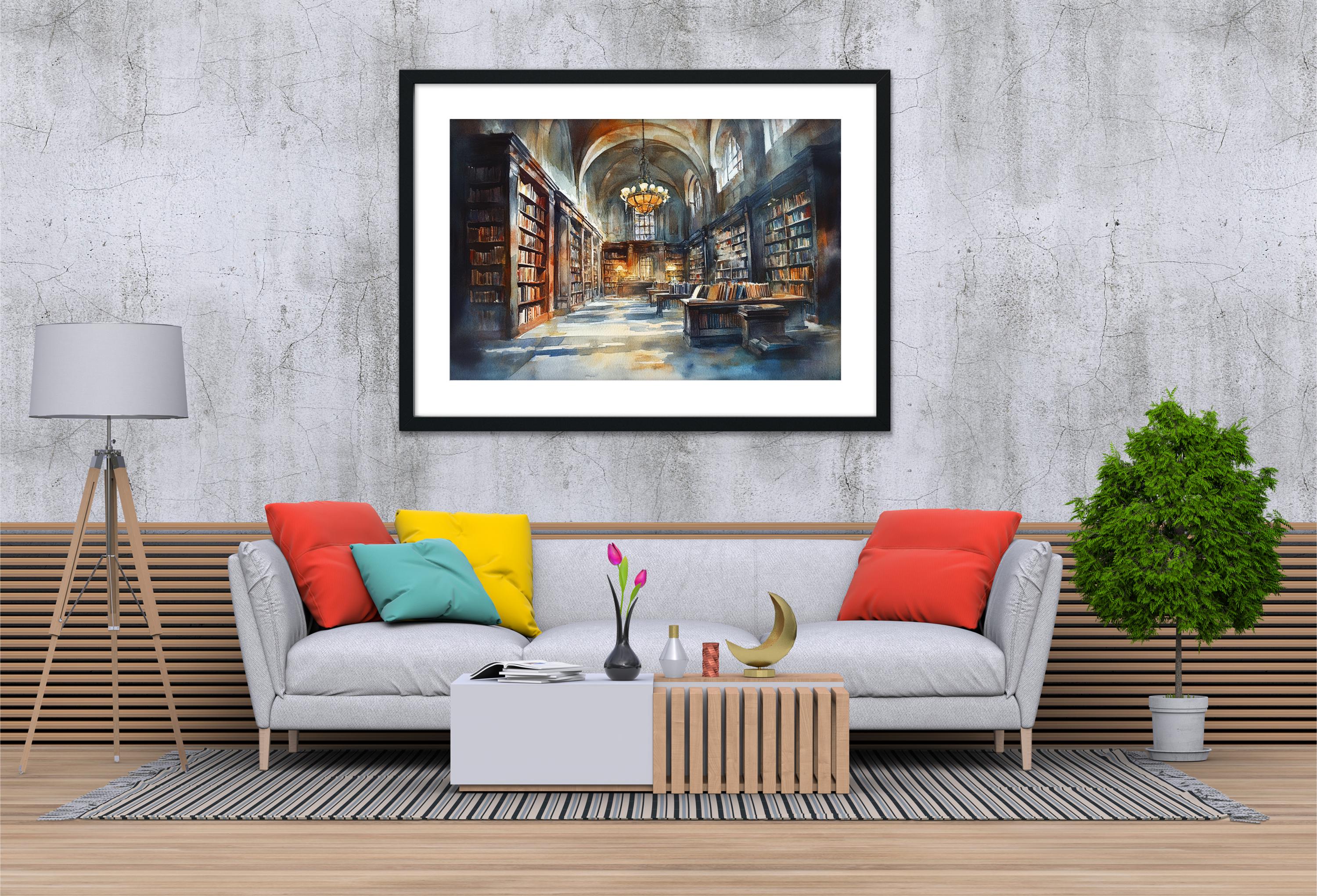 a cozy living room with a gray sofa adorned with colorful pillows, a wooden coffee table, and a framed painting of a library or bookstore. The painting is hung on a gray wall above the sofa, creating a warm and inviting atmosphere.