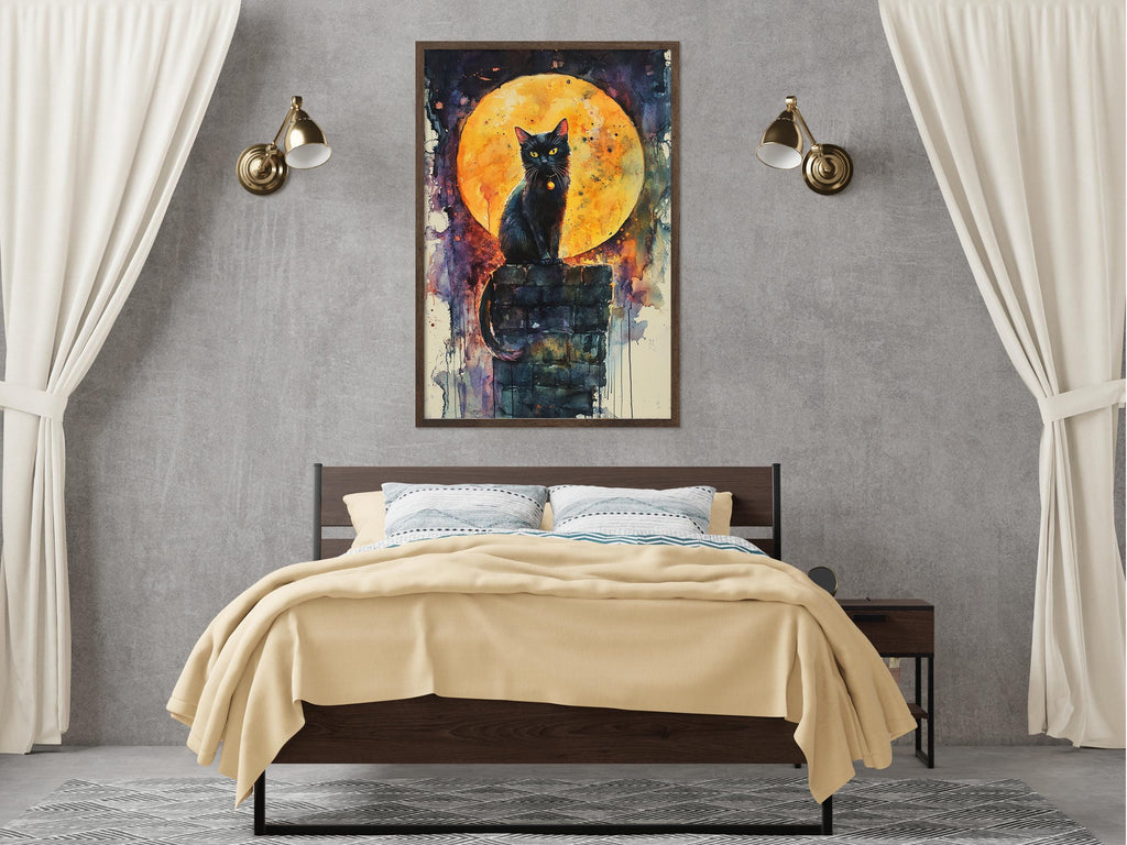 a bedroom with a large bed, a nightstand, and a painting of a black cat sitting on a brick wall. The painting is hanging above the bed, and the room has a neutral color scheme with white curtains and a gray wall.