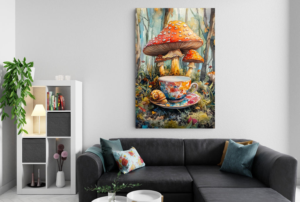 a cozy living room with a large mushroom-themed painting hanging on the wall above a black sectional sofa. The painting depicts a cup of tea surrounded by mushrooms and a snail, creating a whimsical and nature-inspired scene.