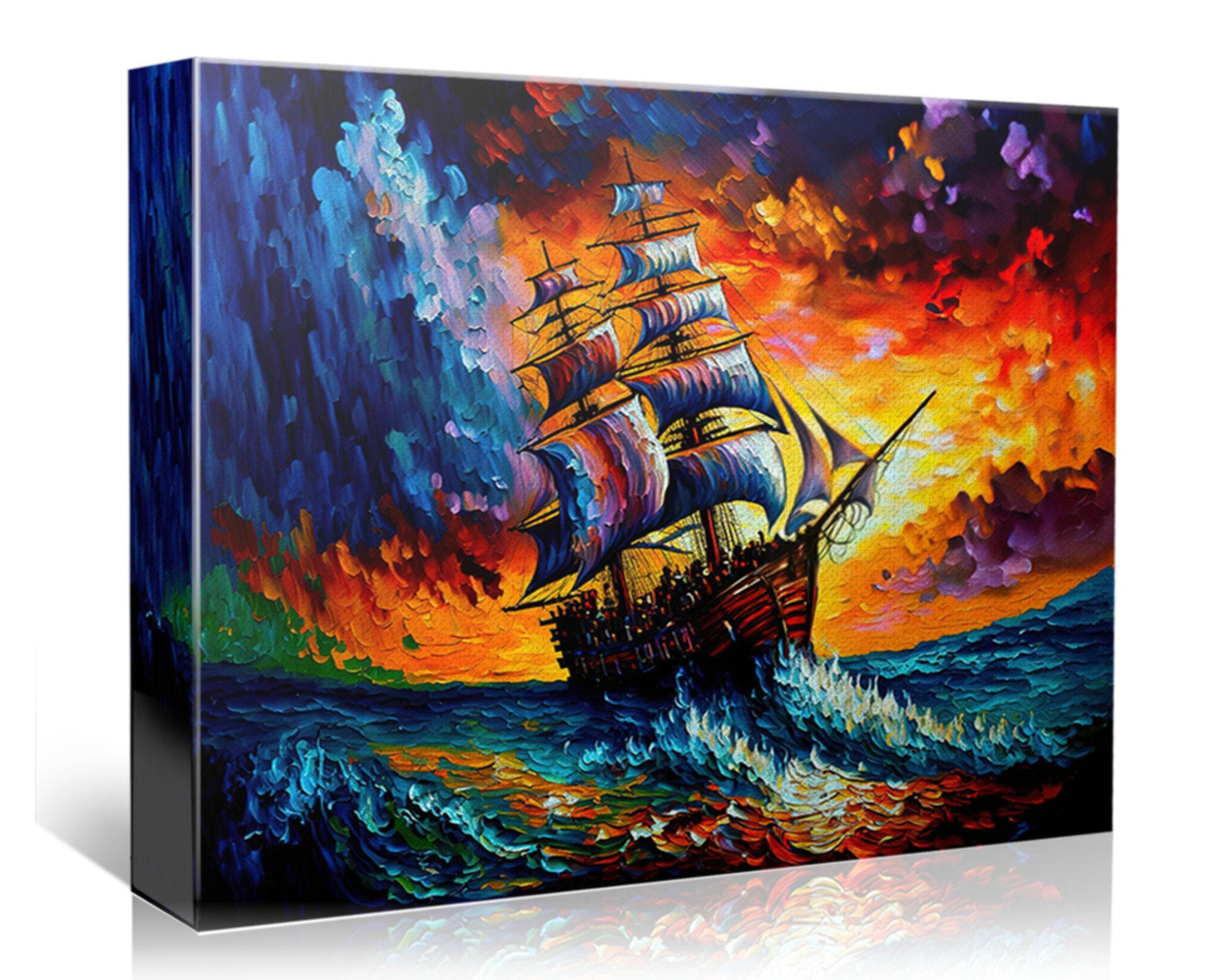 Pirate Ship Painting - Colorful Acrylic Canvas Print | Stormy Seas Artwork, Gallery Ready