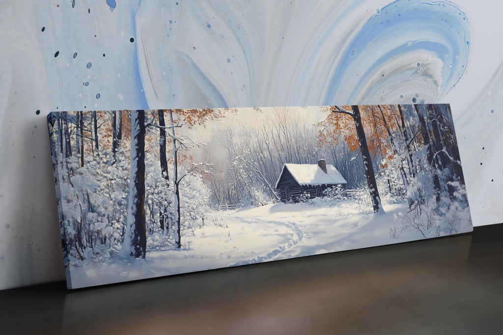 a painting of a cabin in a snowy forest