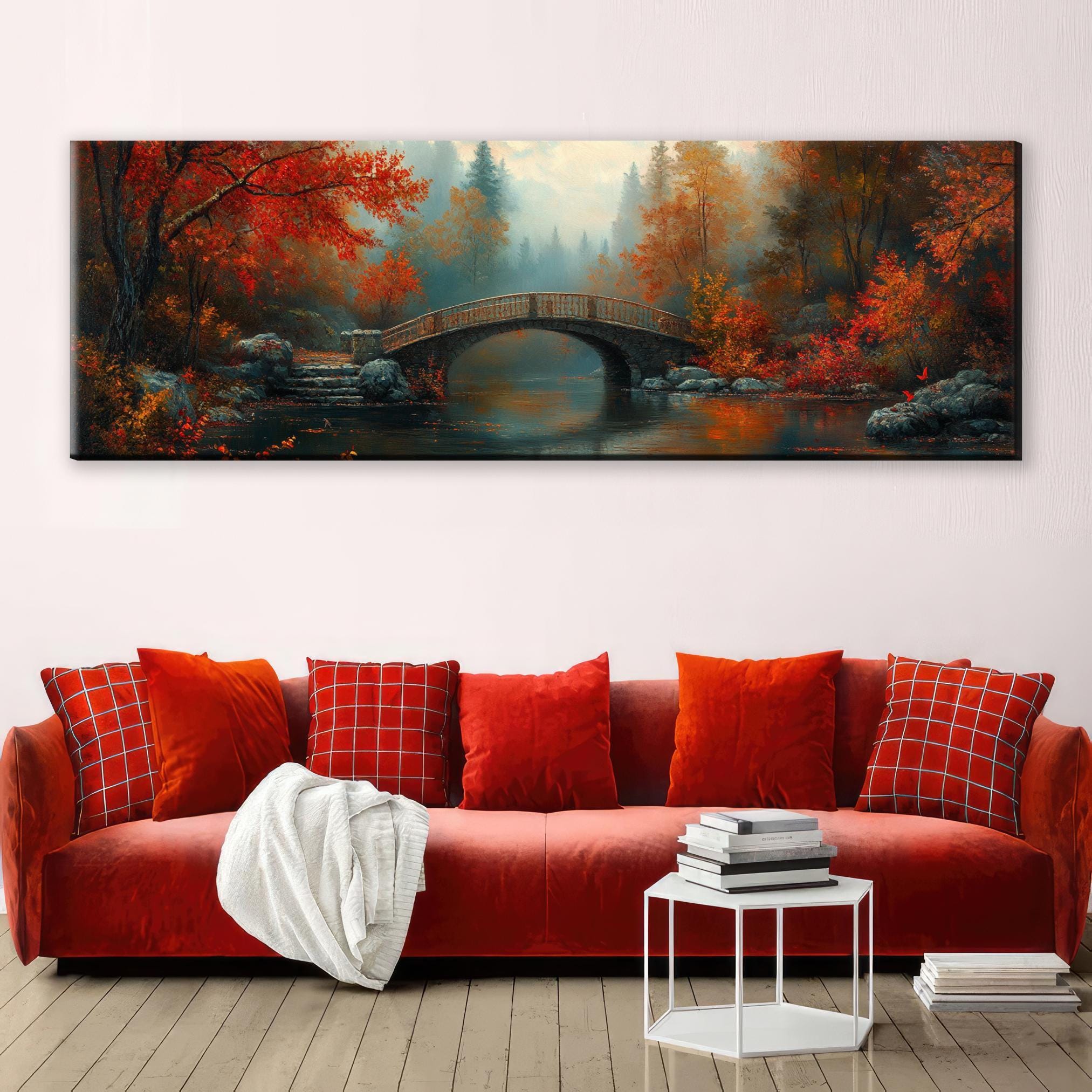Autumn Countryside Canvas - Extra Large Framed Cozy Fall Wall Art, Panoramic Gallery Wrapped