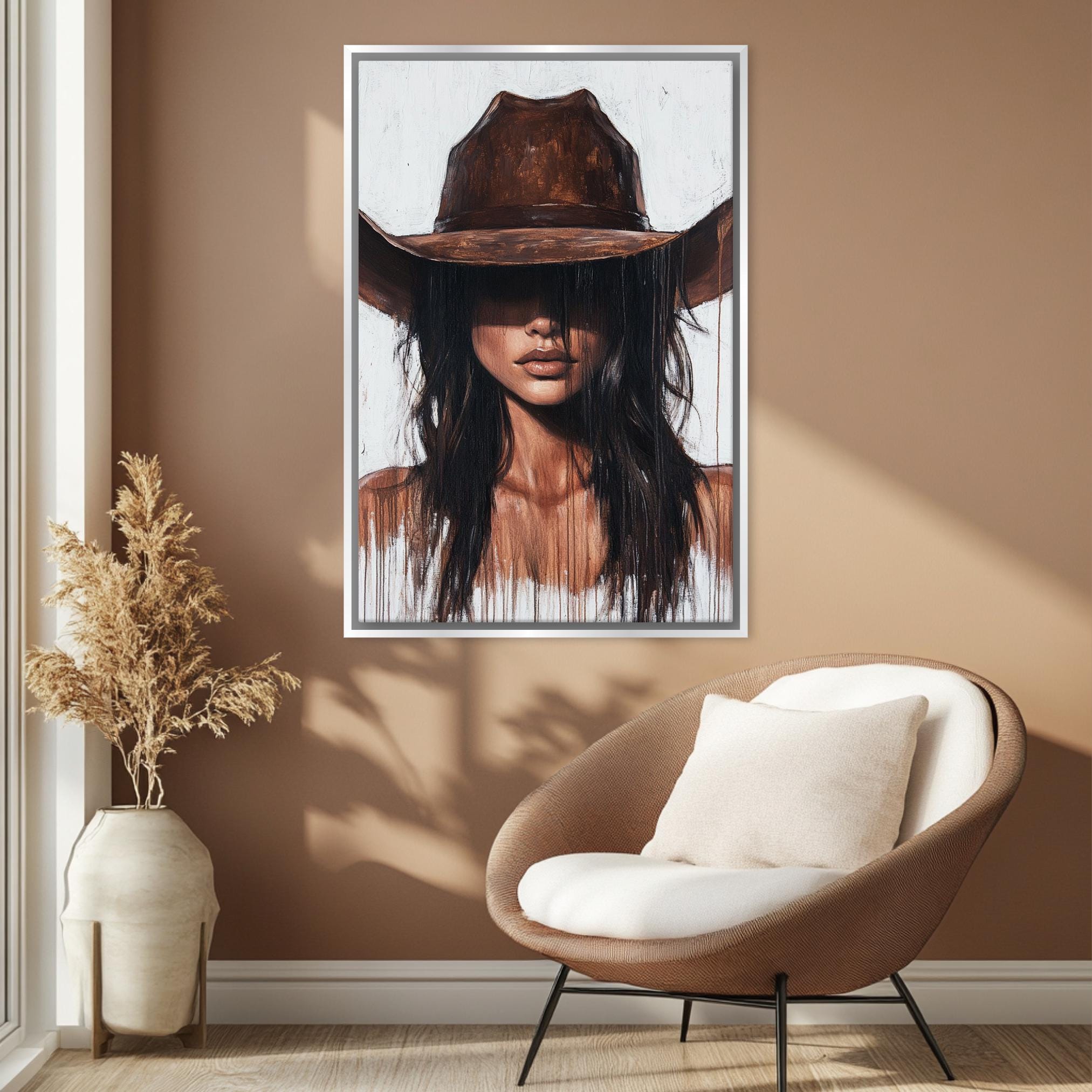 a painting of a woman wearing a cowboy hat