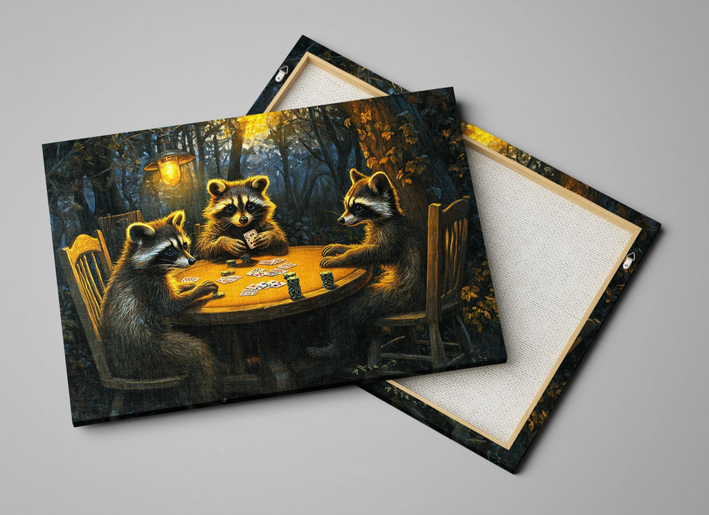 a painting of raccoons playing cards at a table