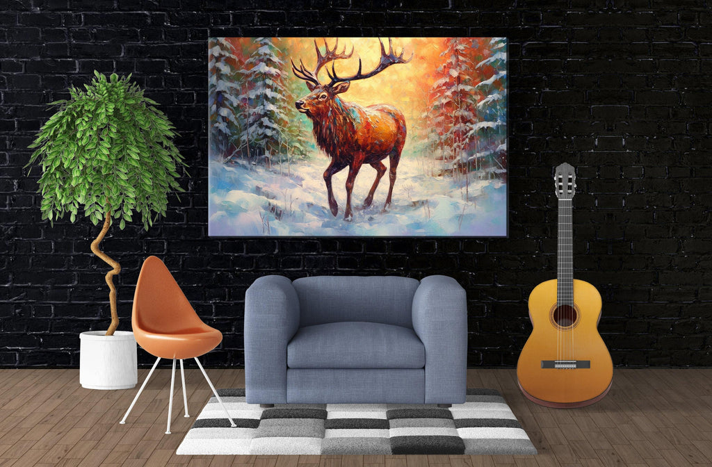 Reindeer Wall Art - Rustic Christmas Canvas Art | Extra Large Gallery Wrapped Holiday Decor