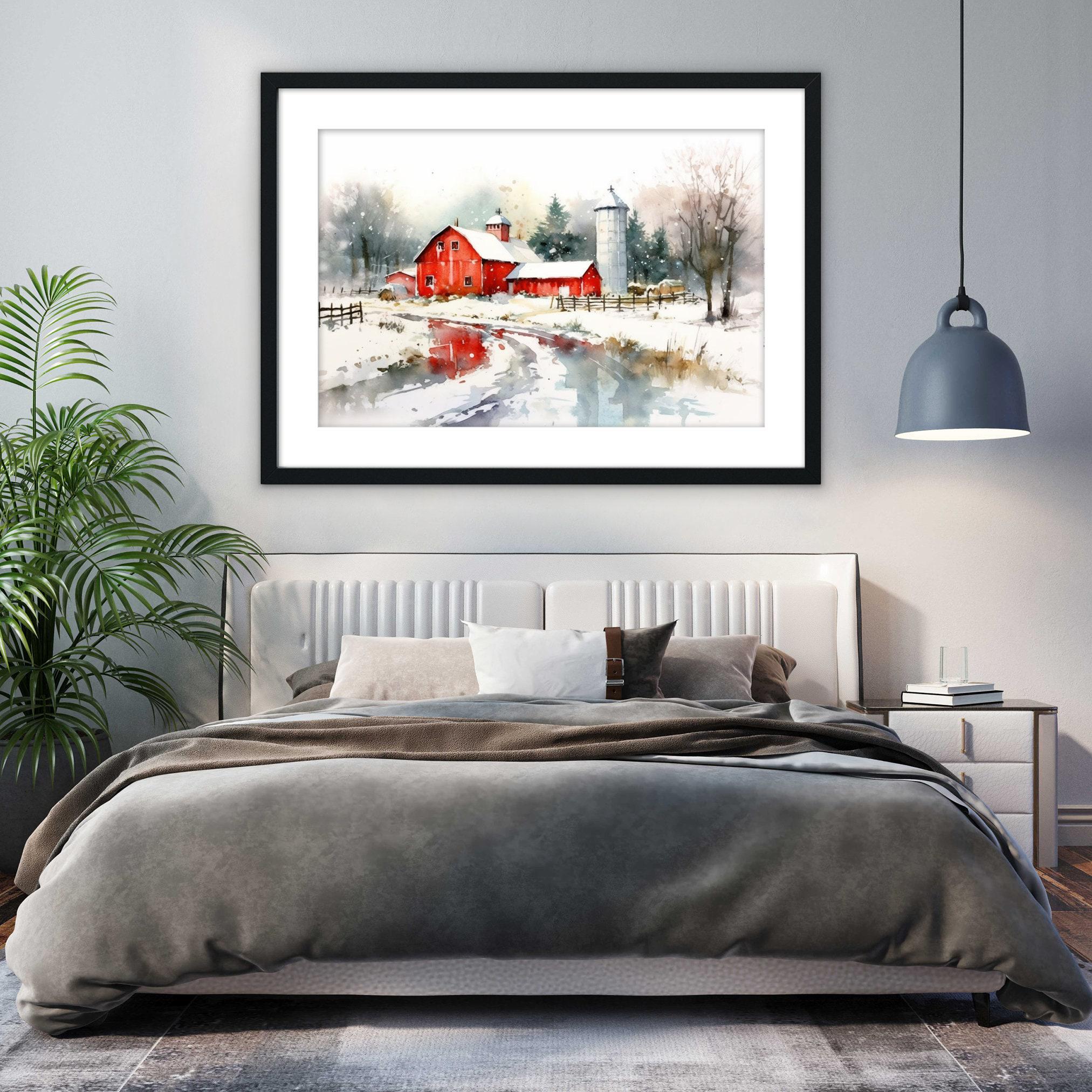 Rural Christmas Watercolor - Festive Farmhouse Art, Giclee Print on Canvas, Artist Paper, Watercolor Paper, Available in Extra Large Sizes