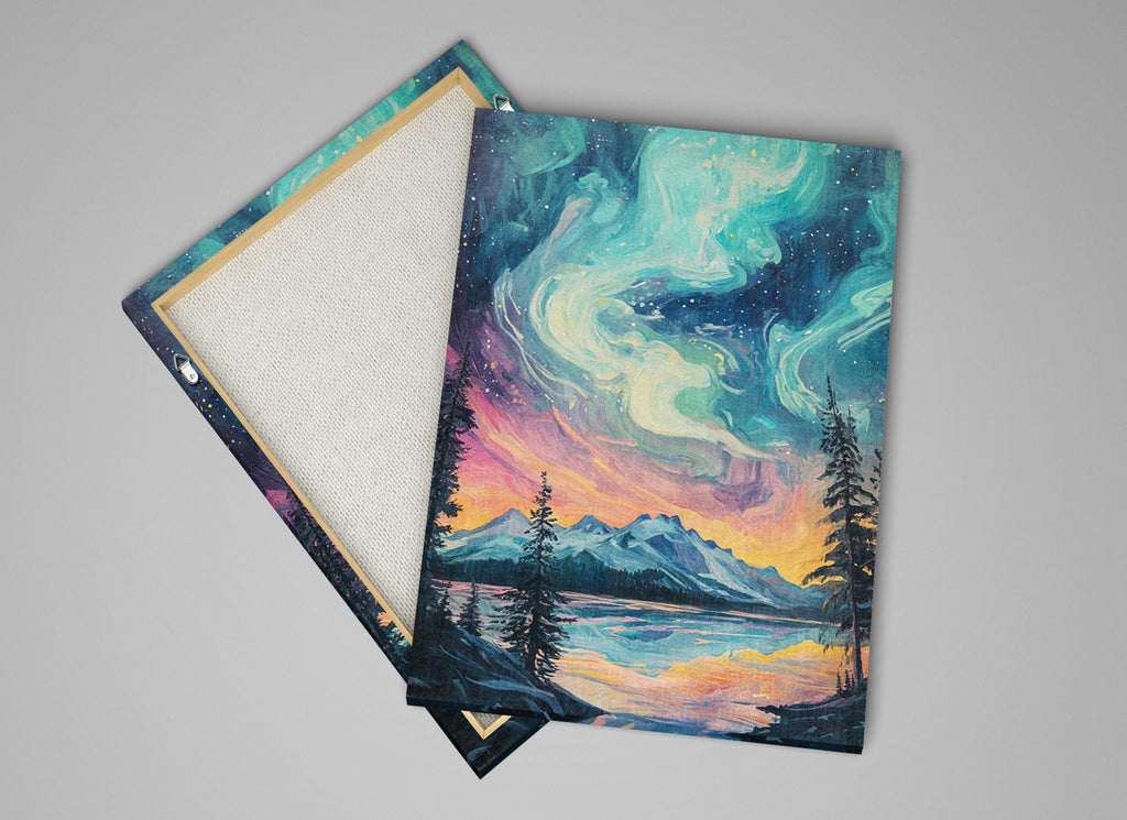 a painting of a night sky with mountains and a lake