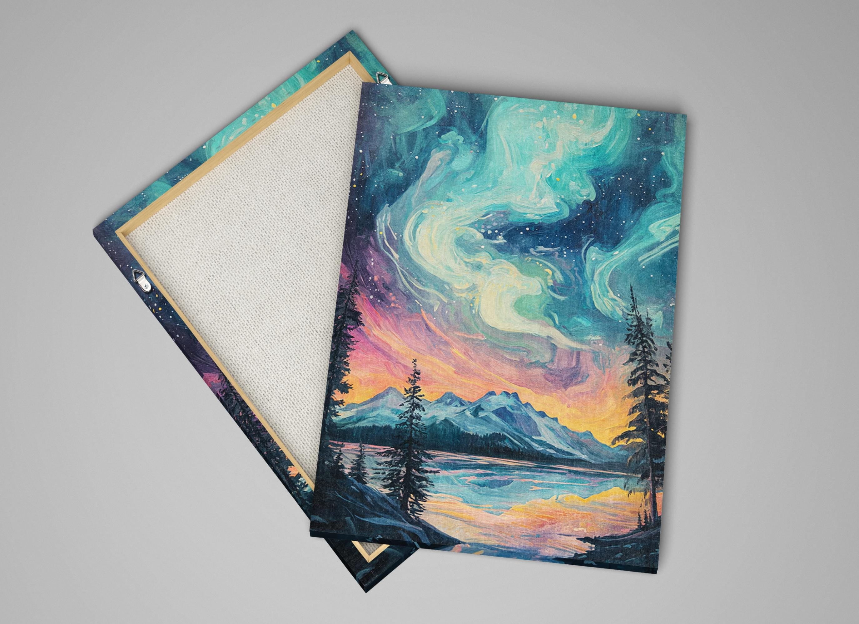 a painting of a night sky with mountains and a lake