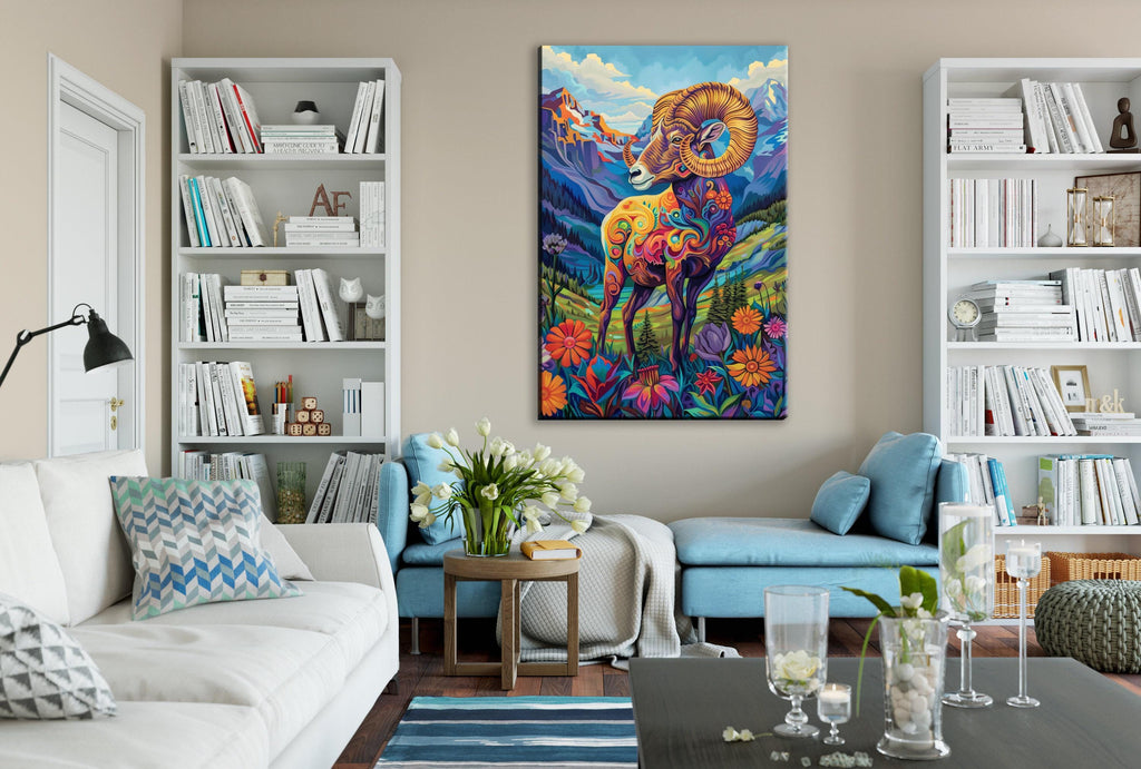 Bighorn Sheep Canvas – Vibrant Wildlife Painting on Gallery Wrapped Large Canvas Print