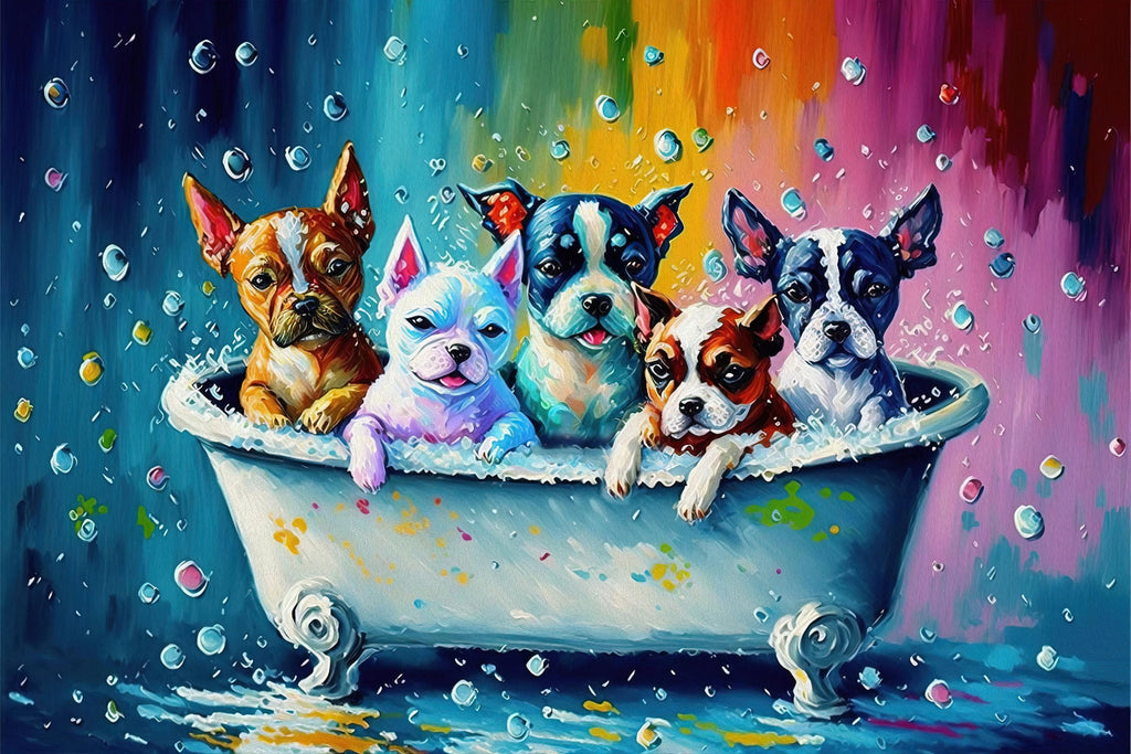Dogs in Tub Art – Vibrant Puppy Canvas Print with Playful Bathroom Dog Scene