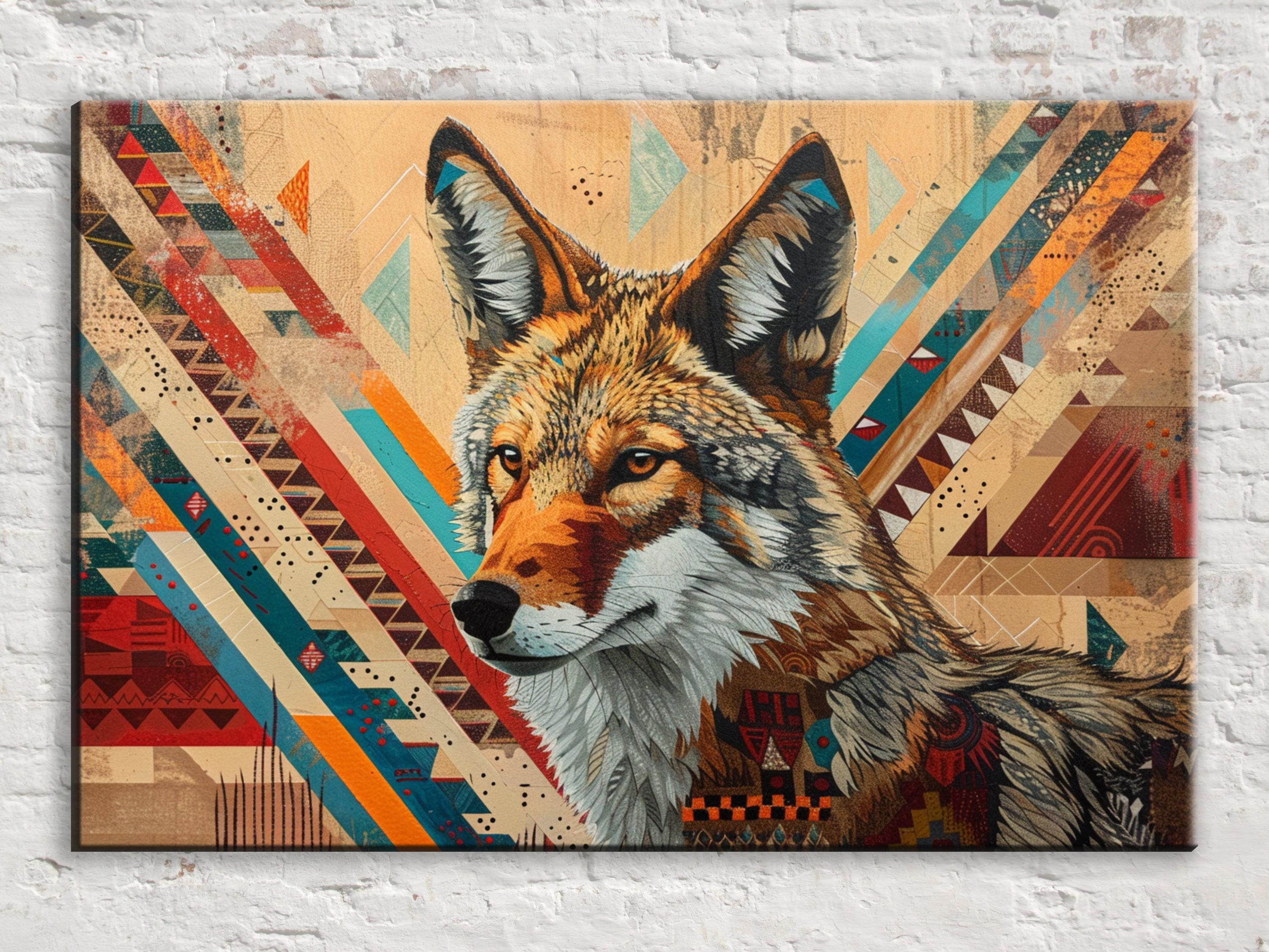 Tribal Coyote Wall Art – Native American Art on Extra Large Gallery Wrapped Canvas