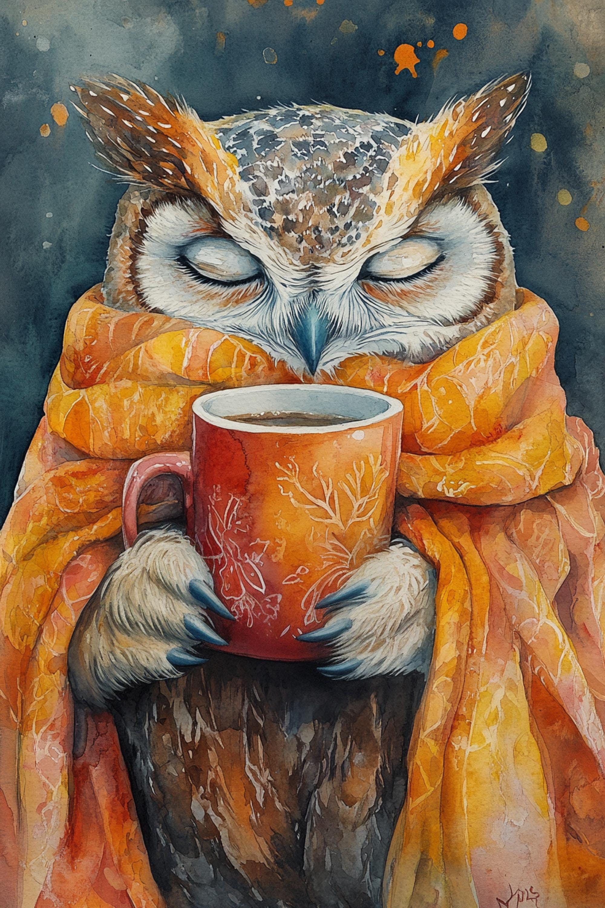 A painting of an owl wrapped in a blanket and holding a mug of coffee, with its eyes closed and appearing to be in a state of peaceful slumber.
