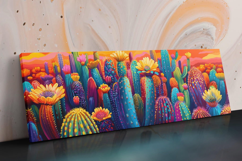Desert Saguaro Canvas - Panoramic Wall Art | Oversized Gallery Wrap | Vibrant Cactus Bloom Painting
