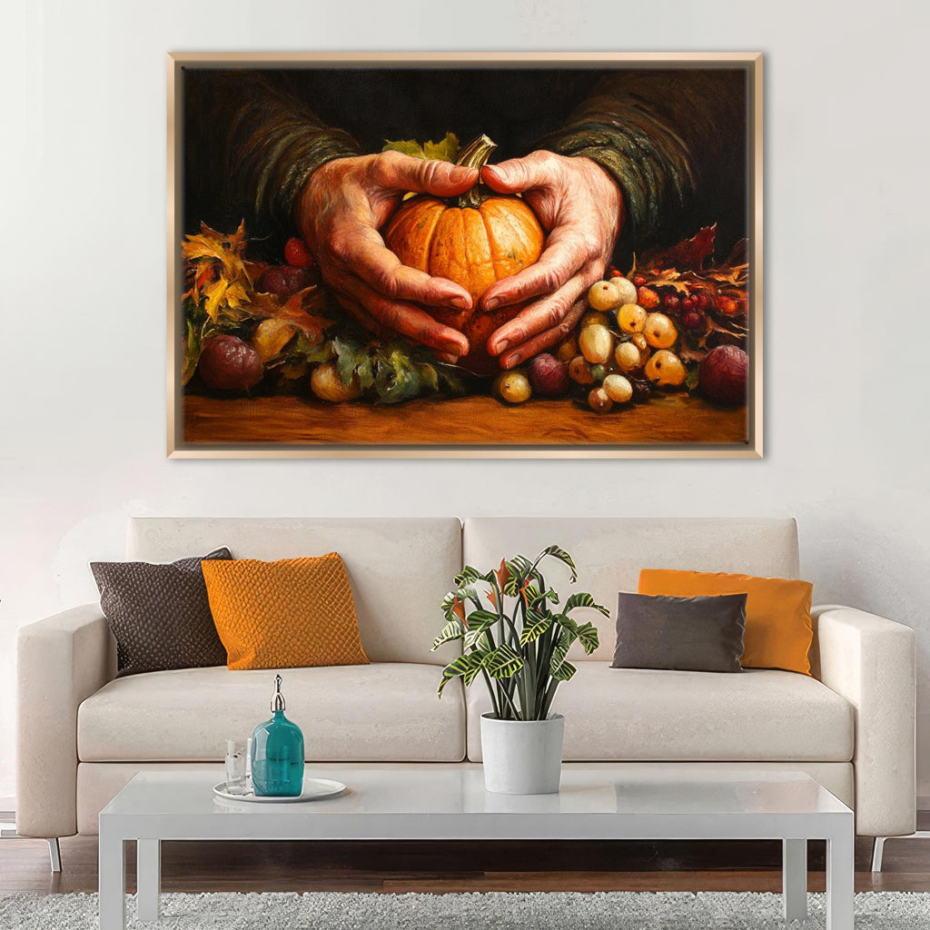 A cozy living room with a white sofa, a coffee table, and a framed painting of a hand holding a pumpkin surrounded by autumn fruits and vegetables.
