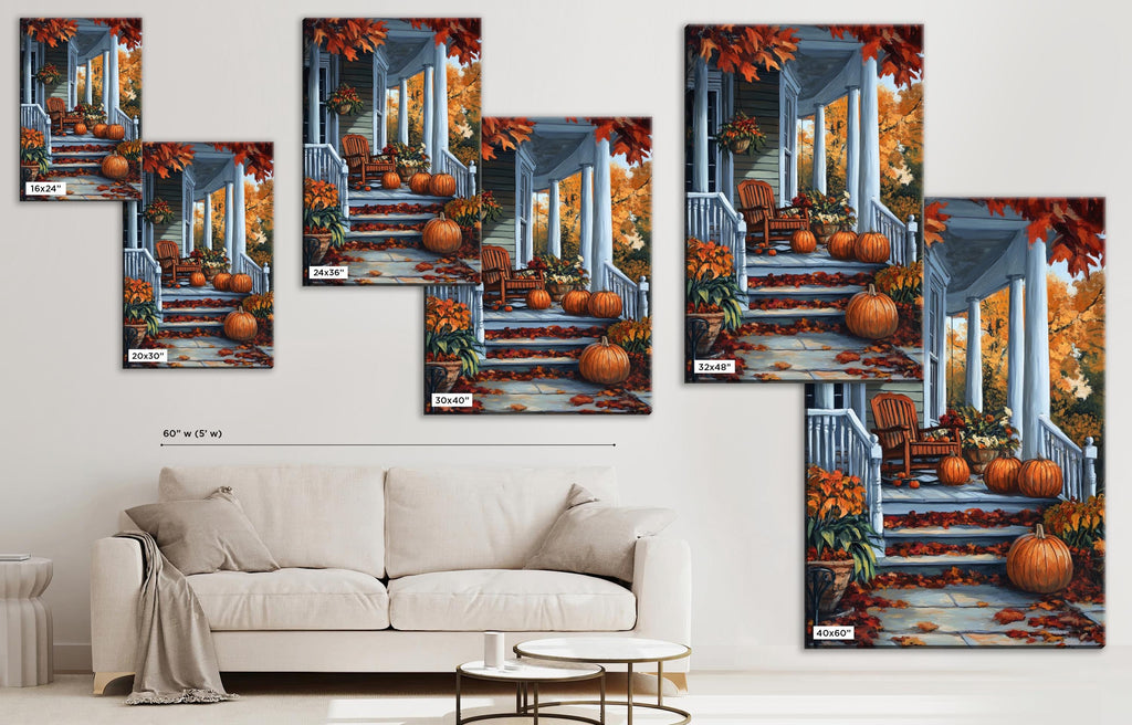 The image is a collage of multiple images depicting a porch with autumn decorations, including pumpkins, plants, and a white railing.