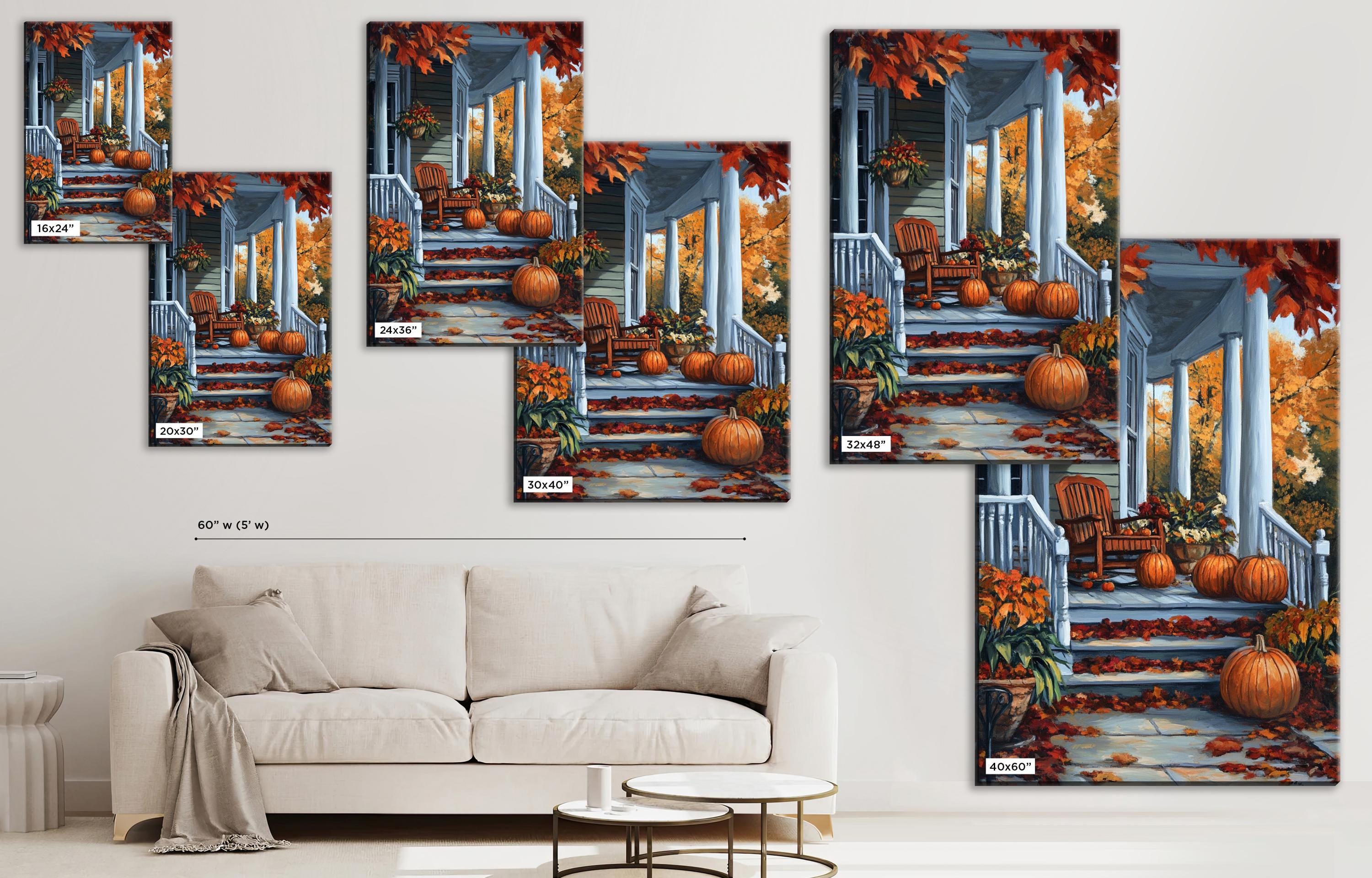 The image is a collage of multiple images depicting a porch with autumn decorations, including pumpkins, plants, and a white railing.