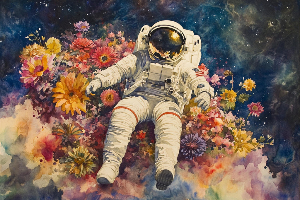 An astronaut floating in a colorful, cosmic-themed space, surrounded by a vibrant array of flowers.