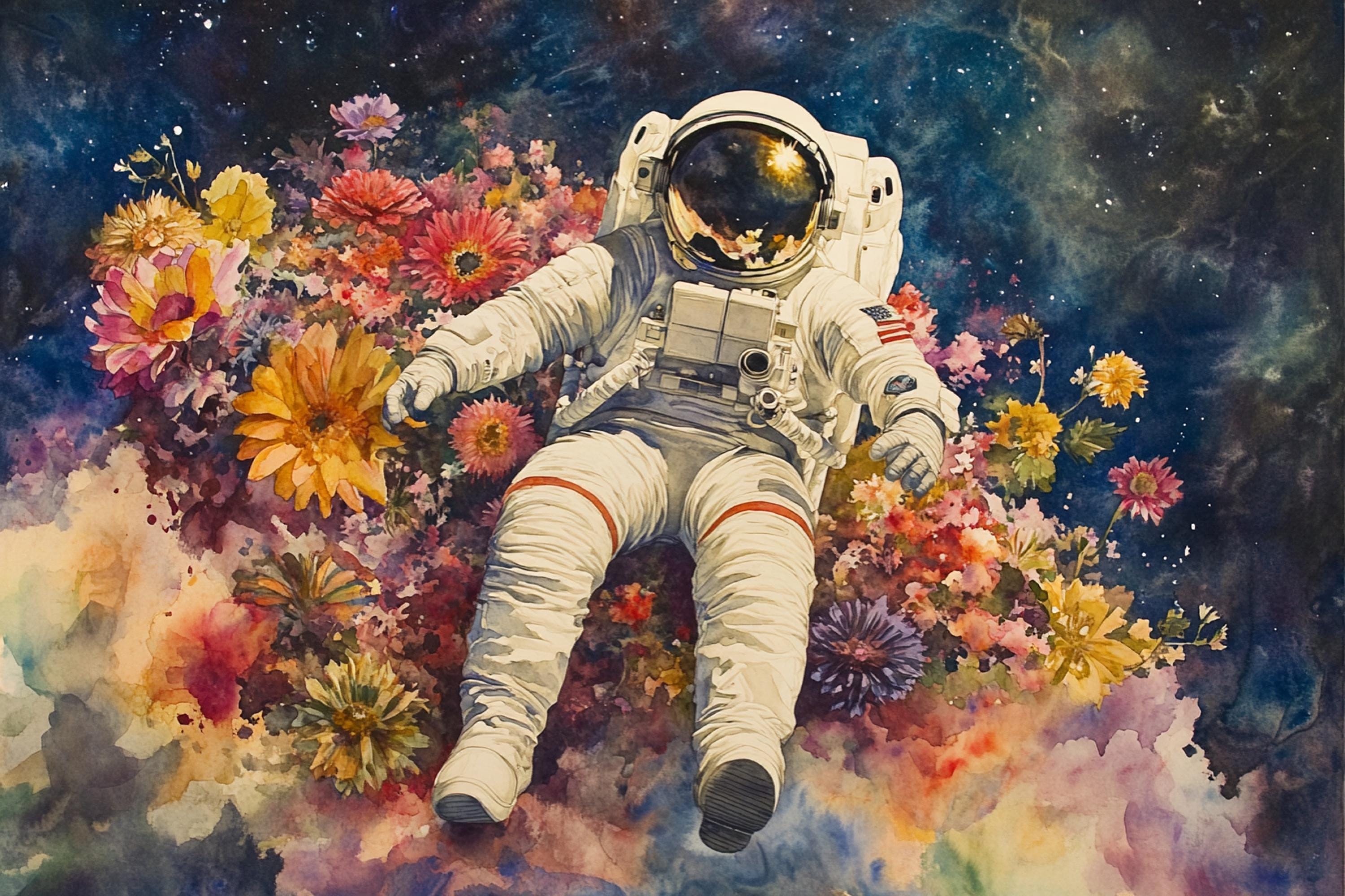 An astronaut floating in a colorful, cosmic-themed space, surrounded by a vibrant array of flowers.