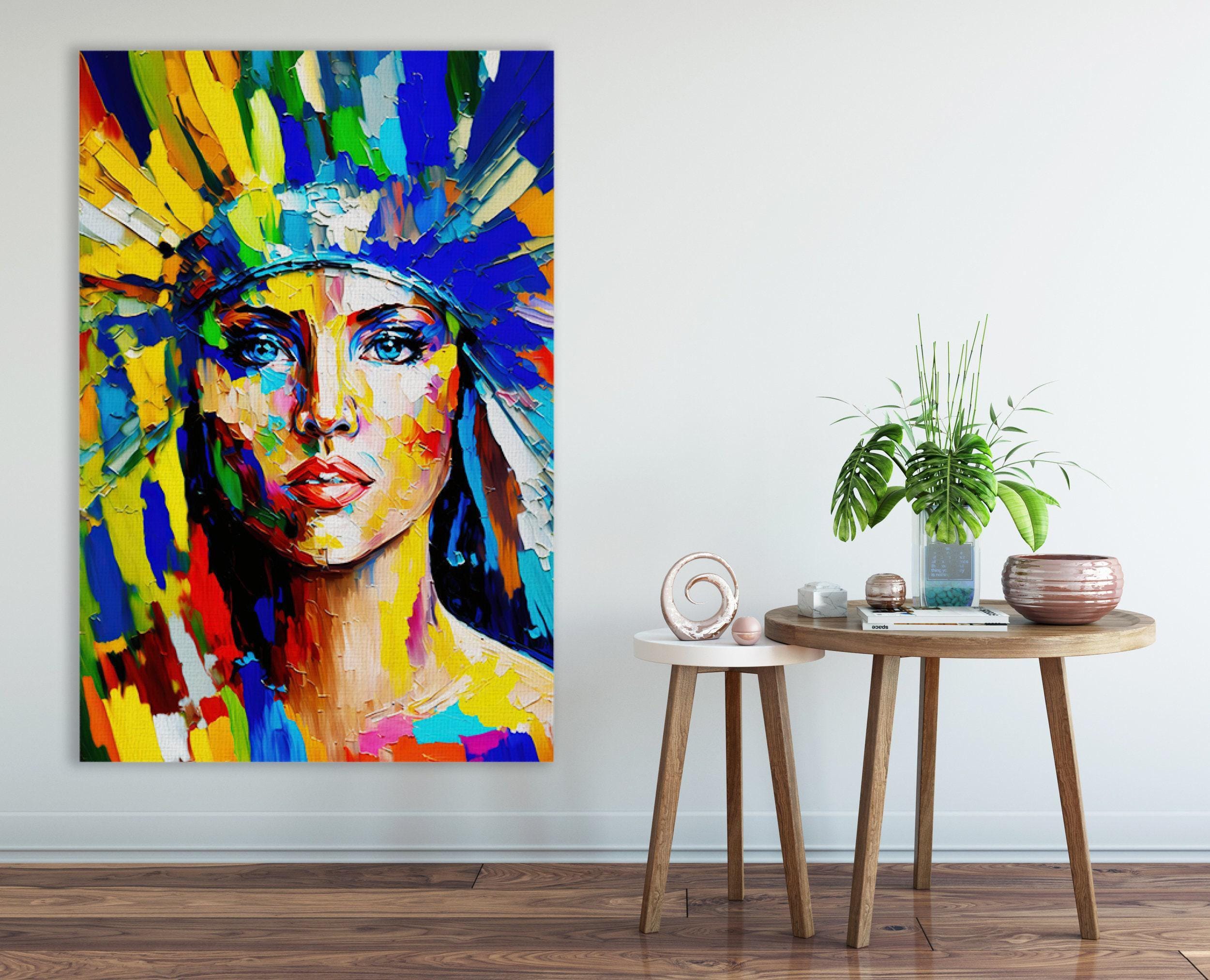 Native American Art Print – Tribal Woman Canvas with Vibrant Colorful Wall Decor