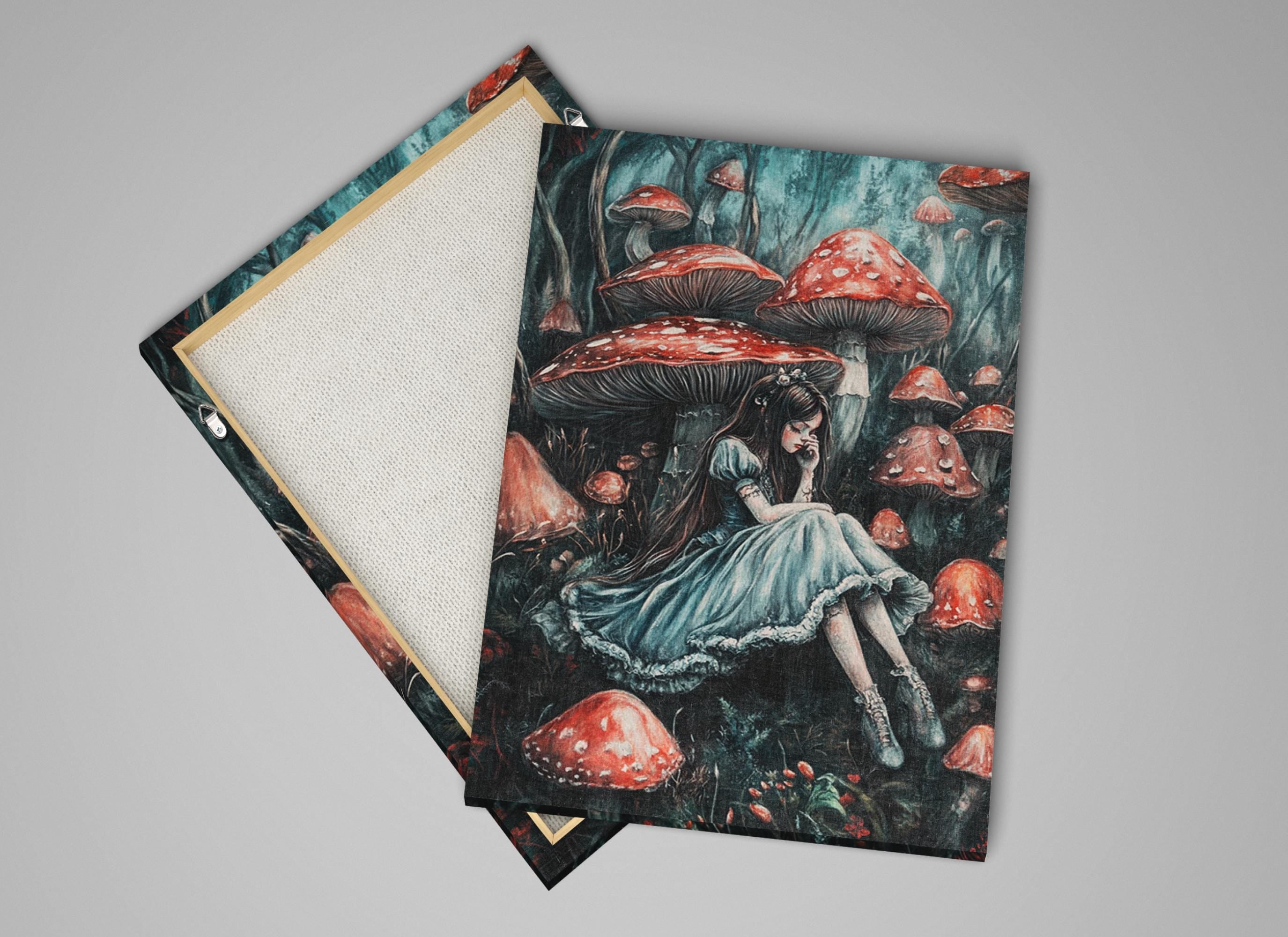 a picture of a girl sitting on a mushroom covered ground
