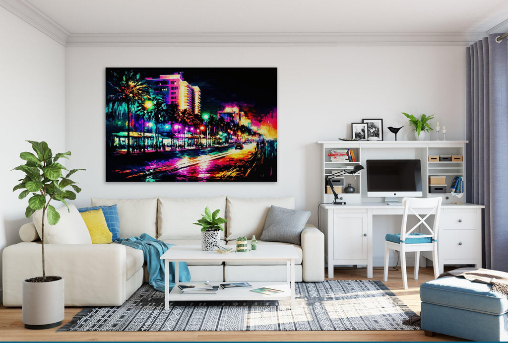 South Beach Canvas Art - Miami Skyline Art | Colorful Painting Print on Gallery-Ready Canvas