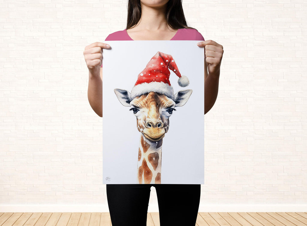 Festive Giraffe in Santa Hat Watercolor Art Print, Giclee Print on Canvas, Artist Paper, Watercolor Paper, Available in Extra Large Sizes