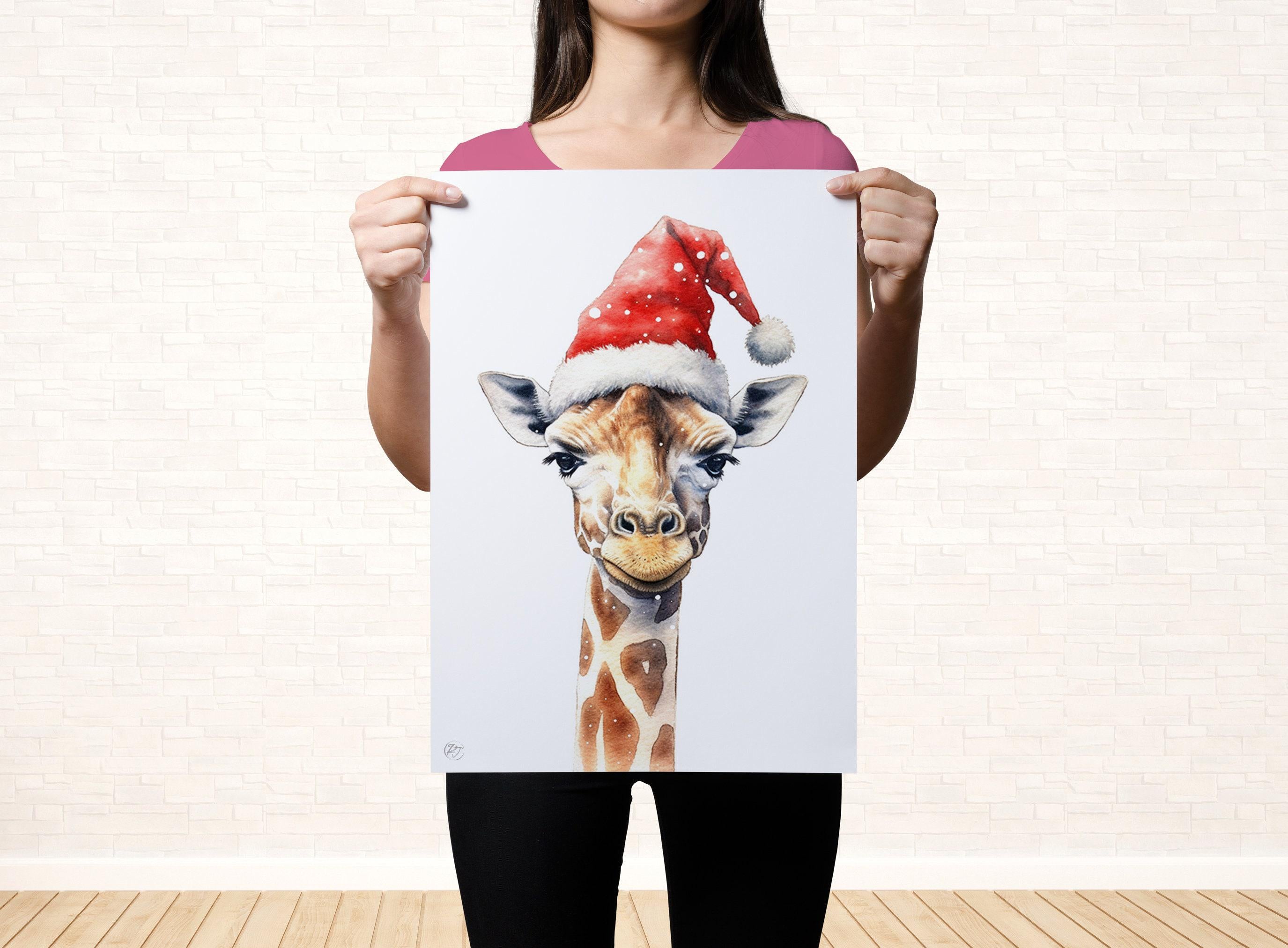 Festive Giraffe in Santa Hat Watercolor Art Print, Giclee Print on Canvas, Artist Paper, Watercolor Paper, Available in Extra Large Sizes