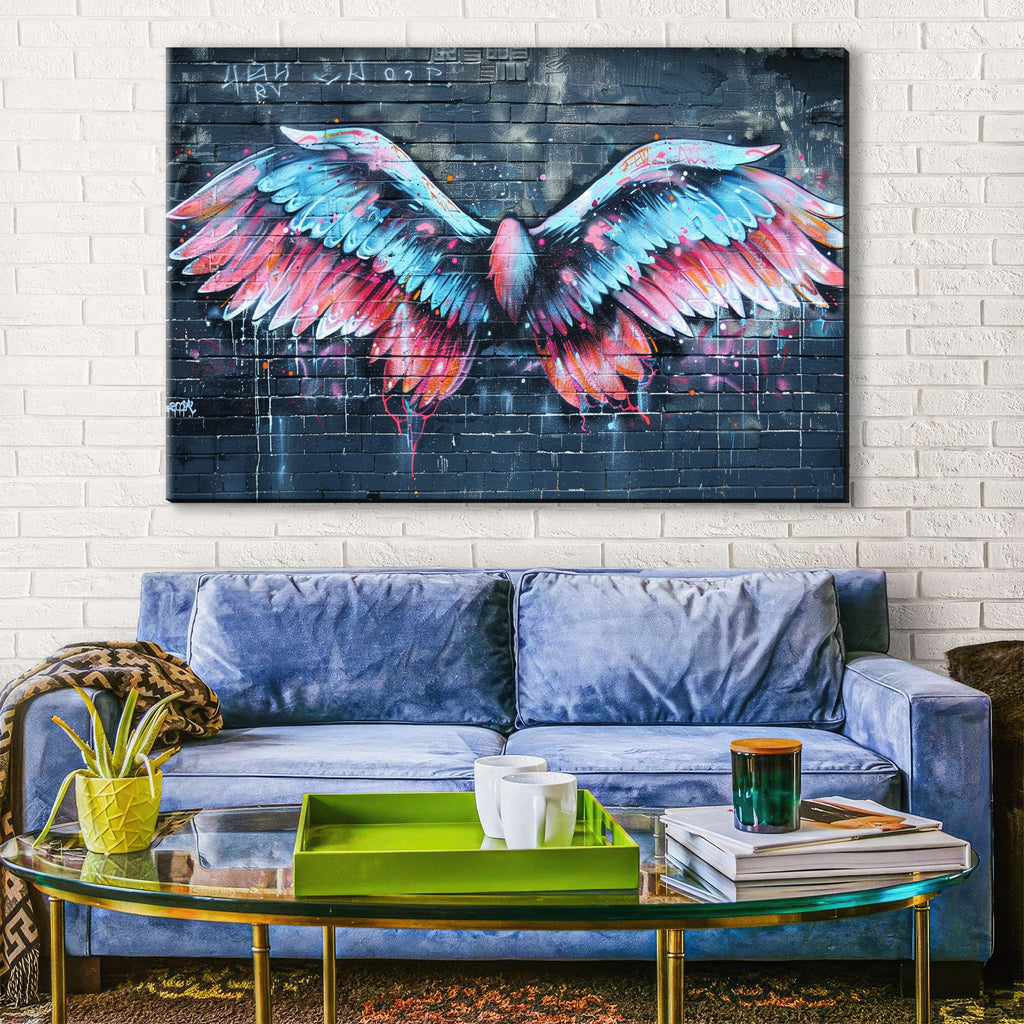 Graffiti Angel Wings Art – Vibrant Urban Street Canvas Wall Art, Ready to Hang