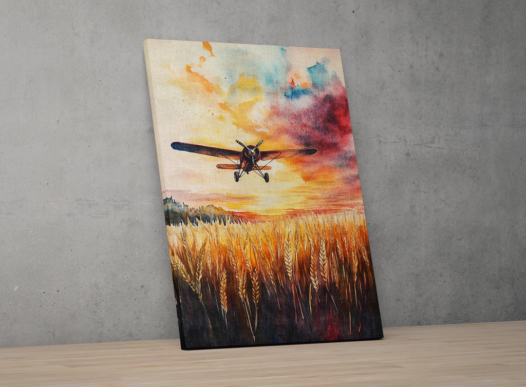 a vintage-style airplane flying over a field of golden wheat against a vibrant sunset sky.
