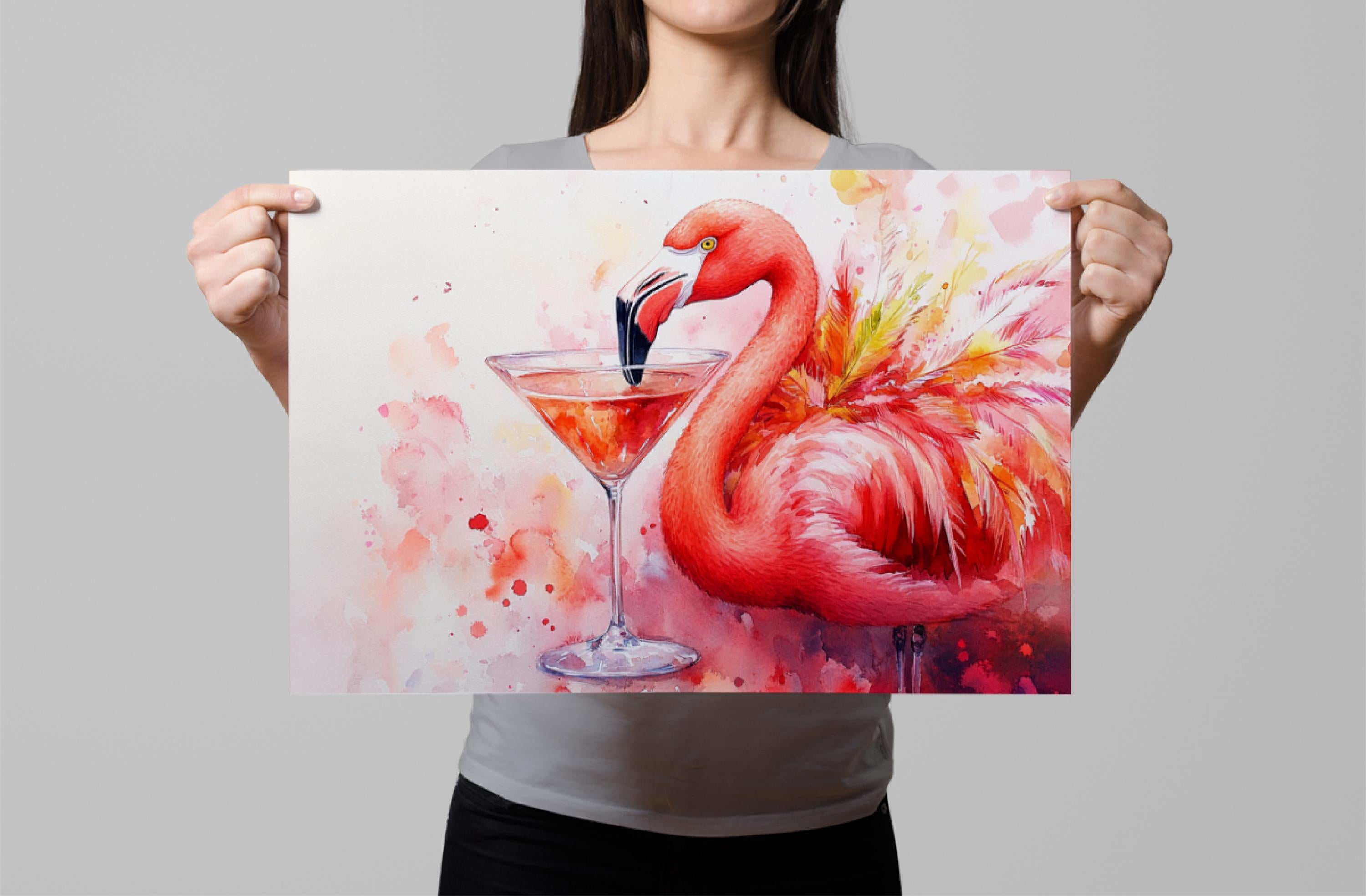 A woman holds up a framed print featuring a vibrant painting of a flamingo with a martini glass.