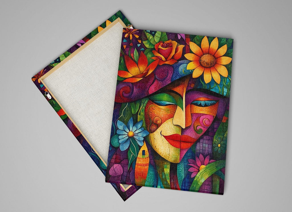 a painting of a woman's face with flowers on it