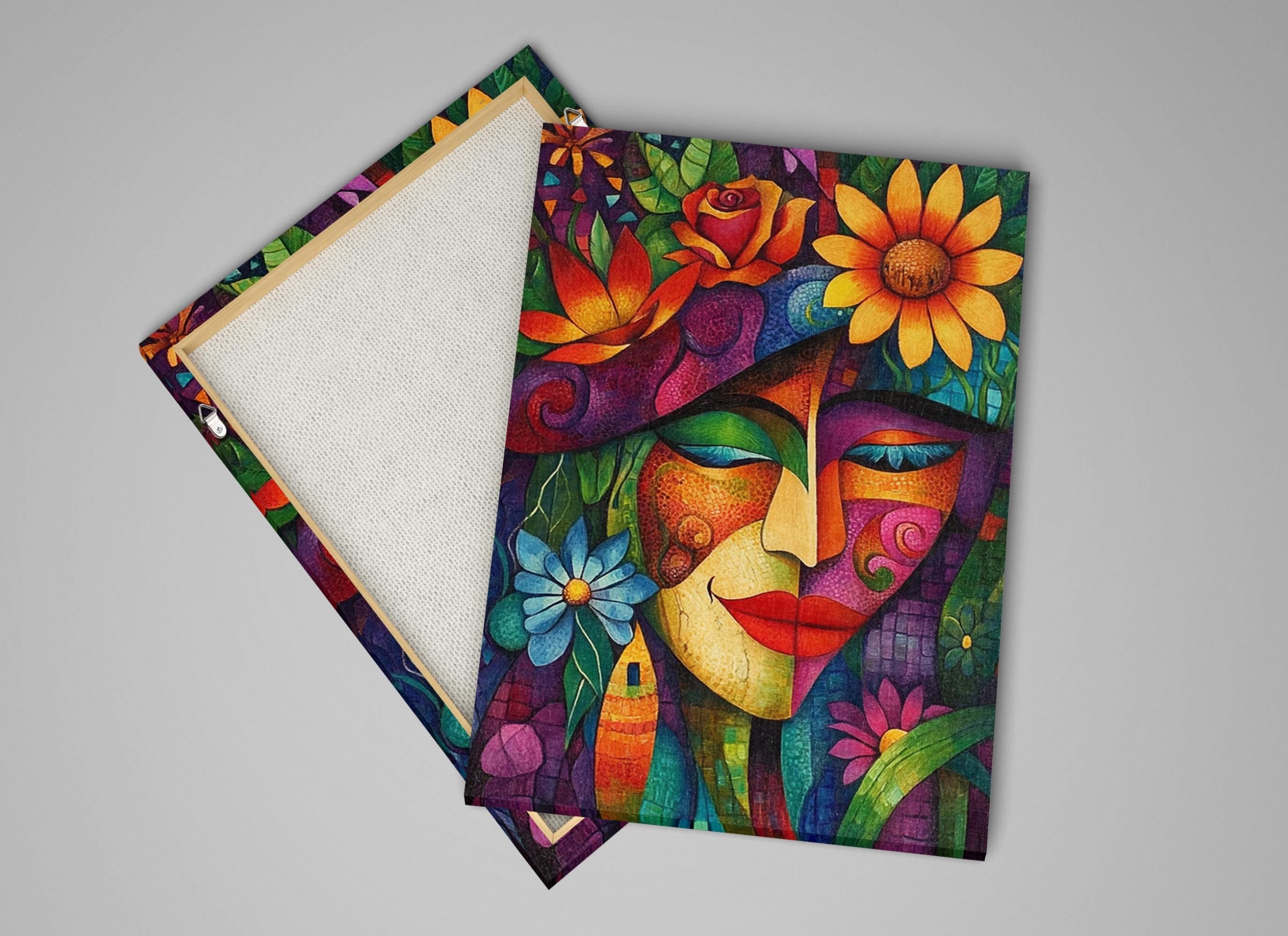 a painting of a woman's face with flowers on it