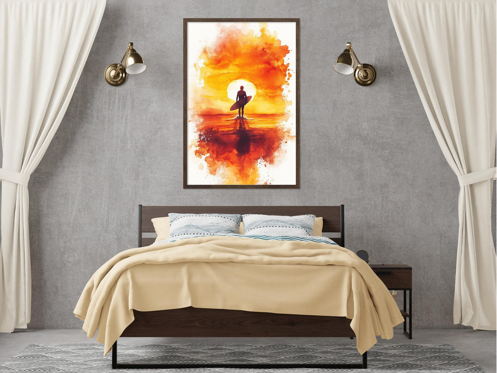 a serene bedroom scene with a large bed, a nightstand, and a framed painting of a surfer on the wall.