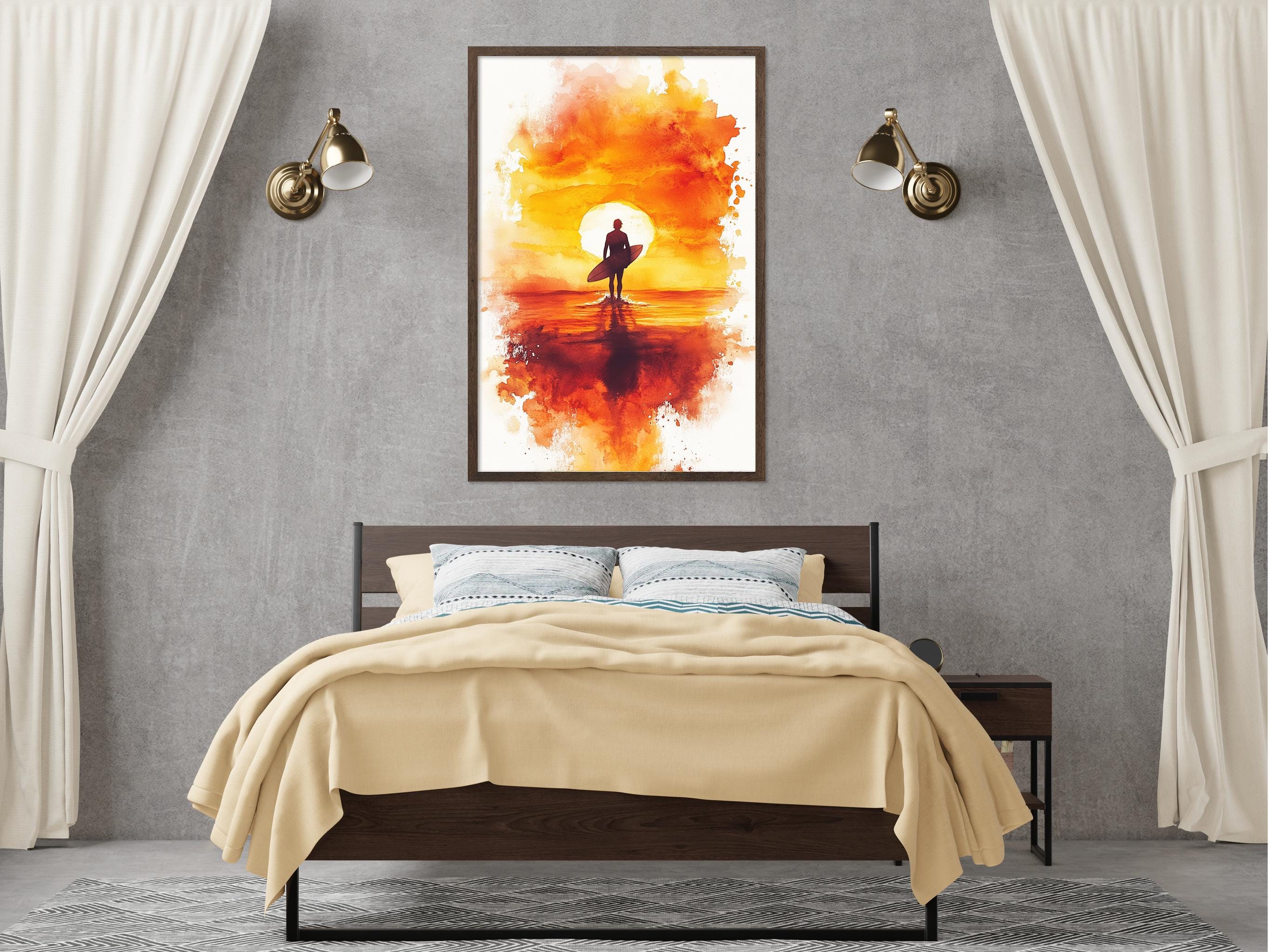 a serene bedroom scene with a large bed, a nightstand, and a framed painting of a surfer on the wall.