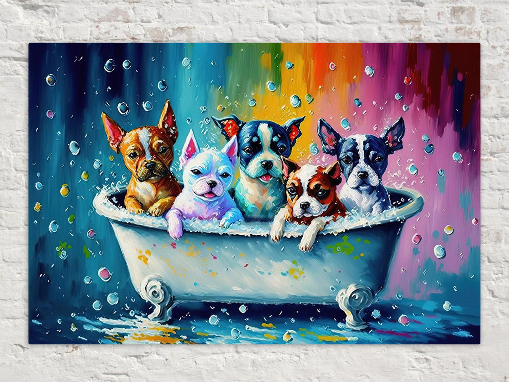 Dogs in Tub Art – Vibrant Puppy Canvas Print with Playful Bathroom Dog Scene