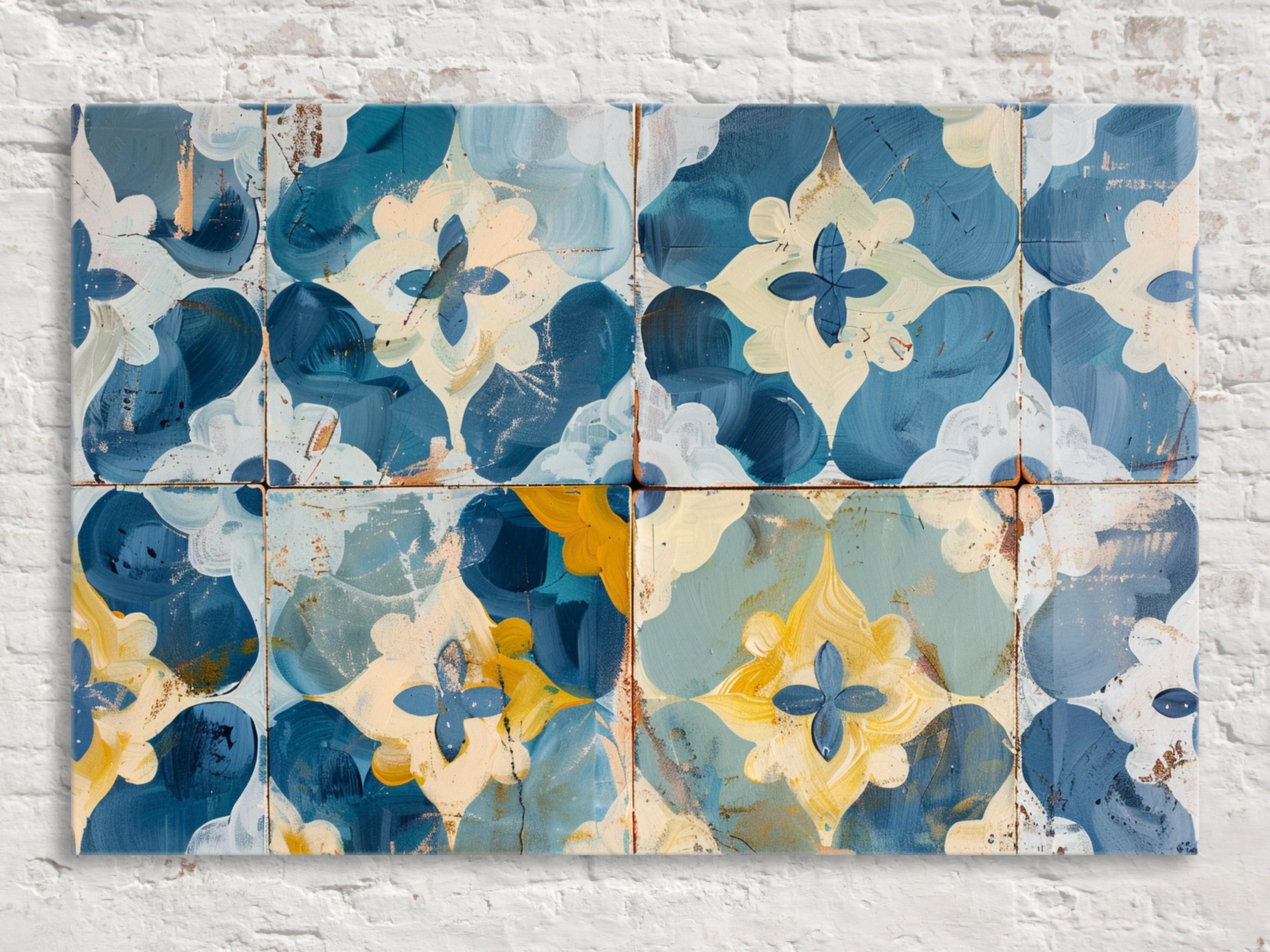 Farmhouse Wall Art – Blue Yellow Canvas Floral Tile Print on Gallery Wrapped Canvas