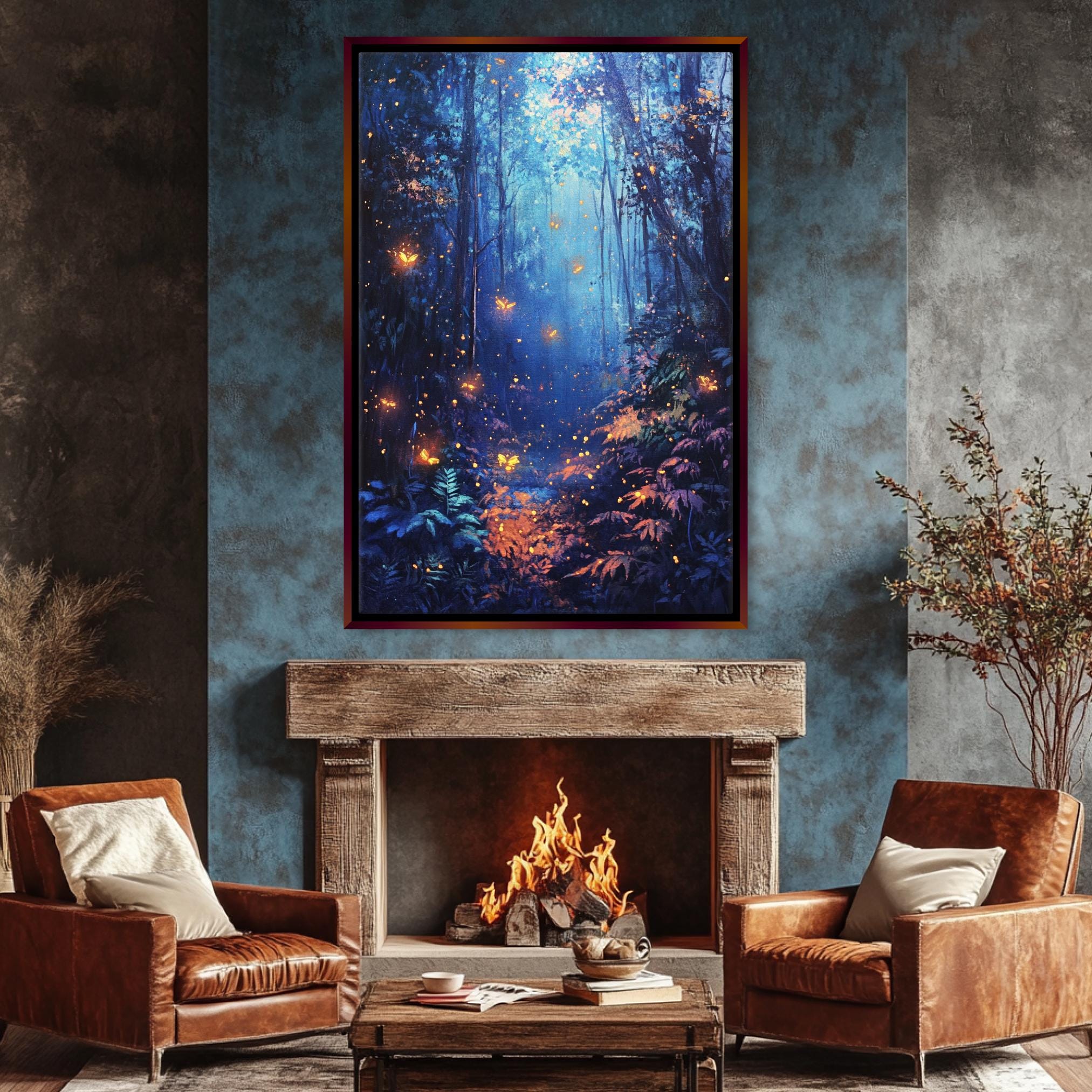 a living room with a fire place and a painting on the wall