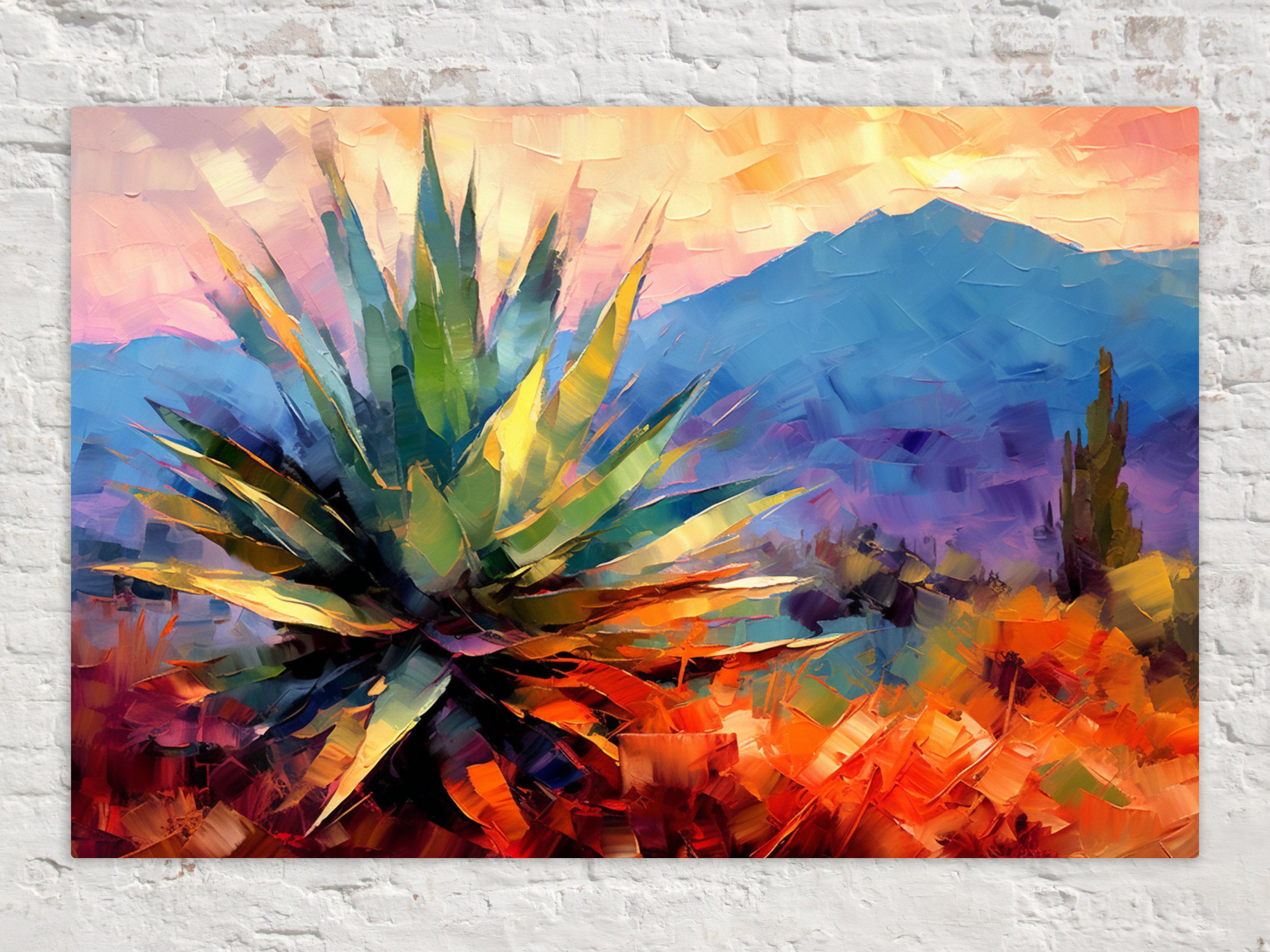 The image is a vibrant, colorful painting depicting a desert landscape with a large cactus plant in the foreground. The background features a mountainous landscape under a colorful sky.